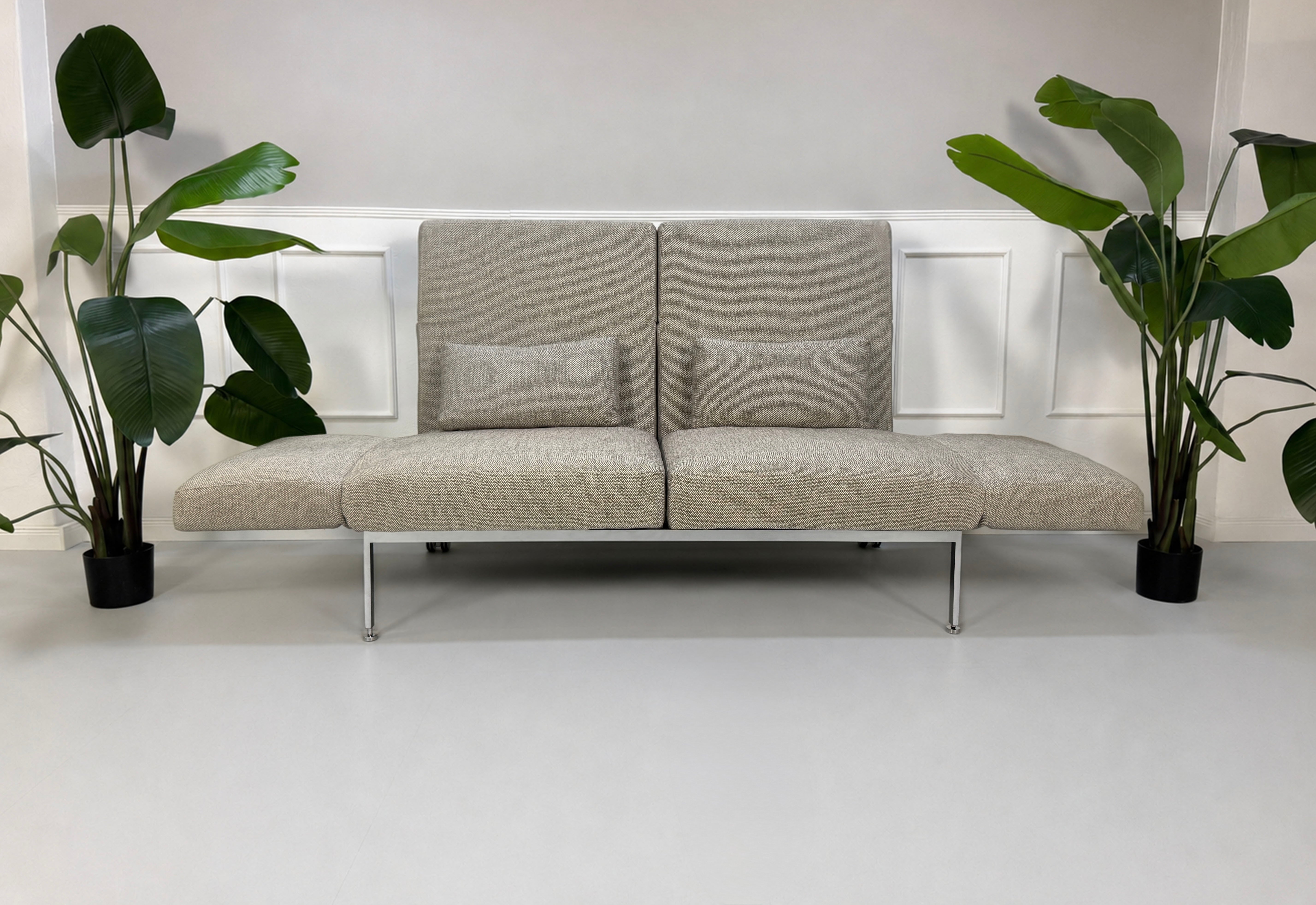 Gebrauchtes graues Brühl Roro Soft Designer Stoff Sofa vor einer Wand, stilvoll und modern eingerichtet.
