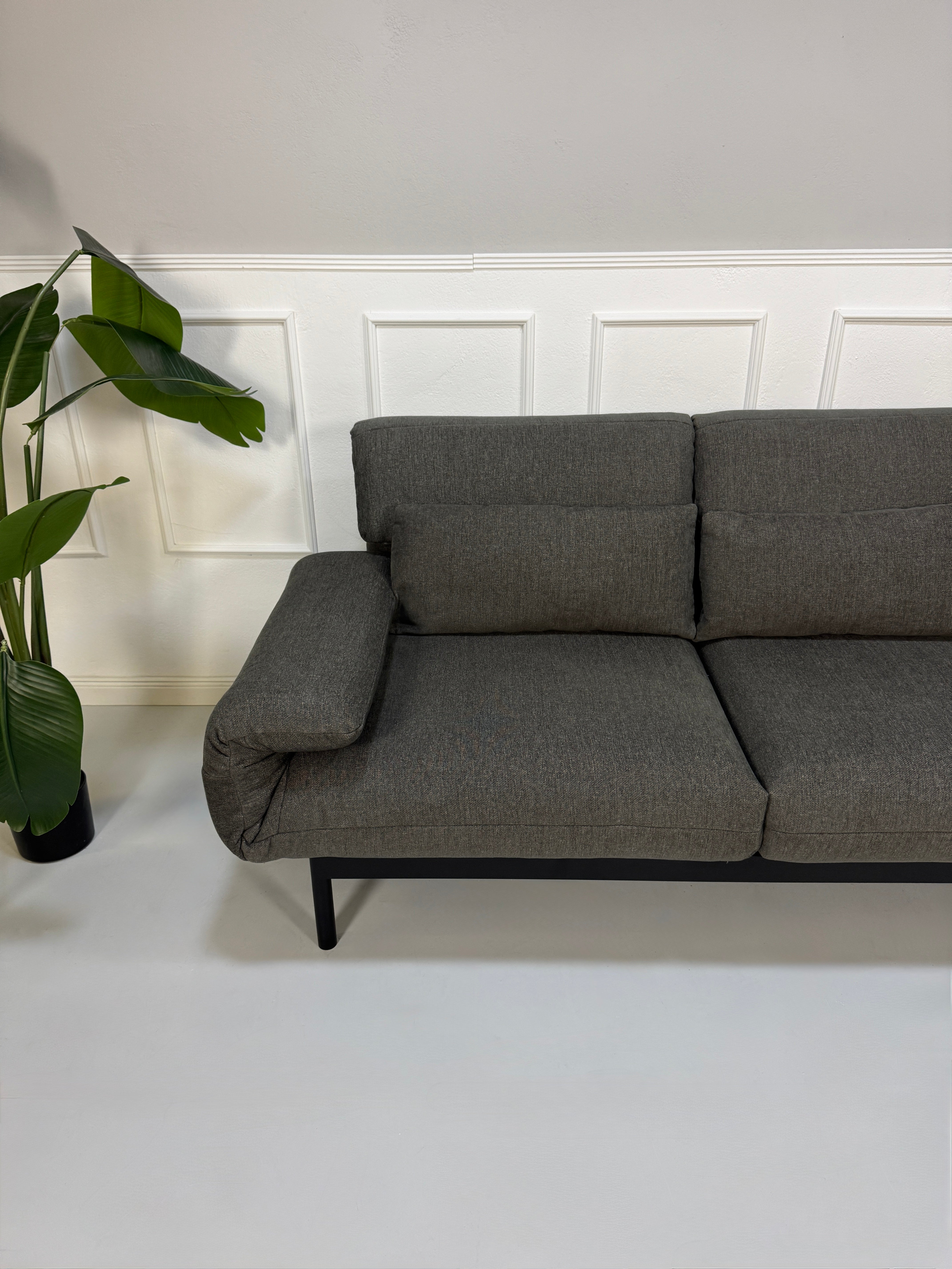 Gebrauchtes graues Stoffsofa Rolf Benz Modell Plura vor einer modernen Wand.