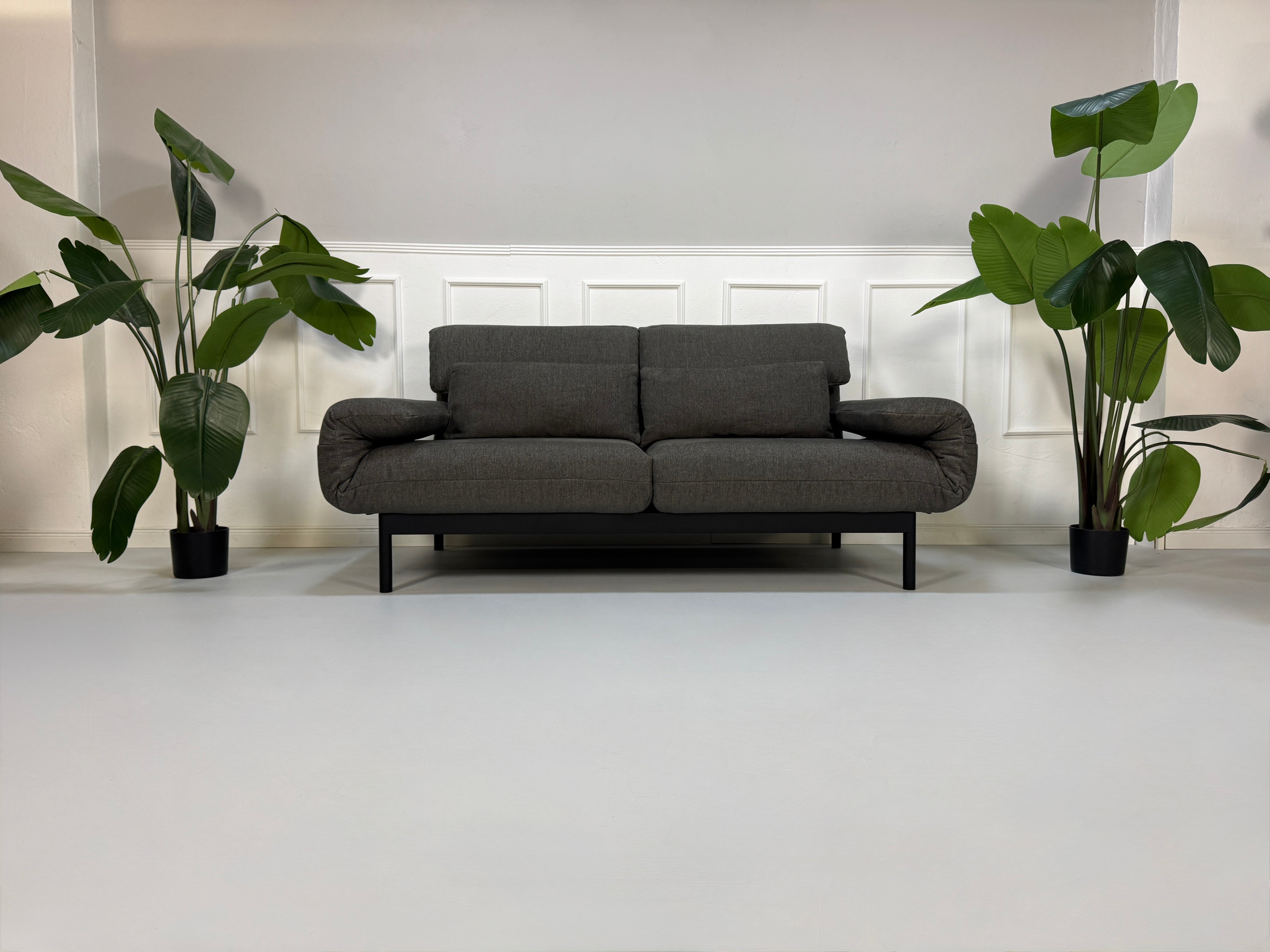 Gebrauchtes graues Stoffsofa Rolf Benz Modell Plura vor einer modernen Wand.