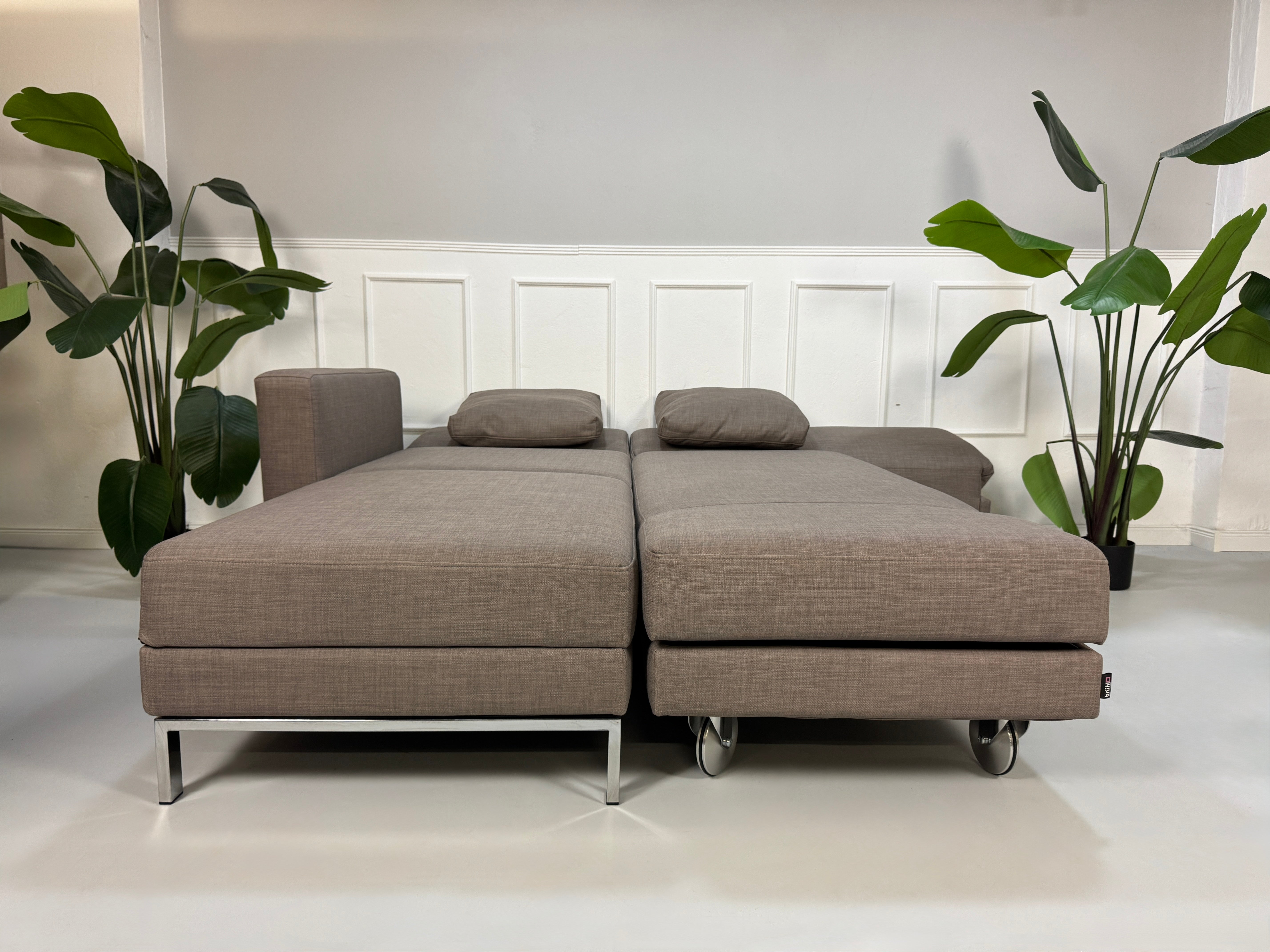 Gebrauchtes braunes Brühl Fourtwo Designer Stoff Sofa vor einer Wand, stilvoll und modern eingerichtet.