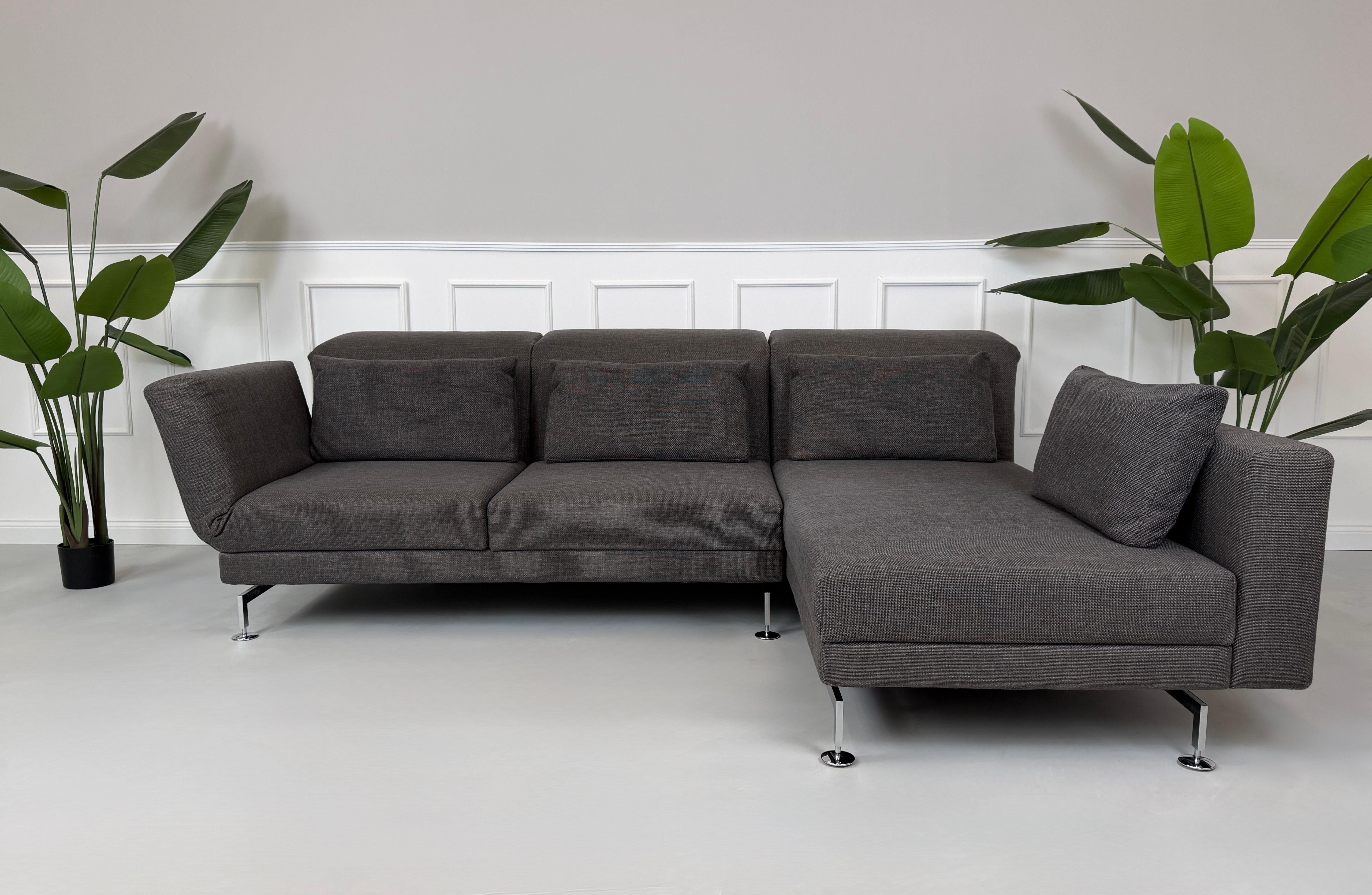 Gebrauchtes graues Stoffsofa Brühl Modell Moule vor einer modernen Wand.