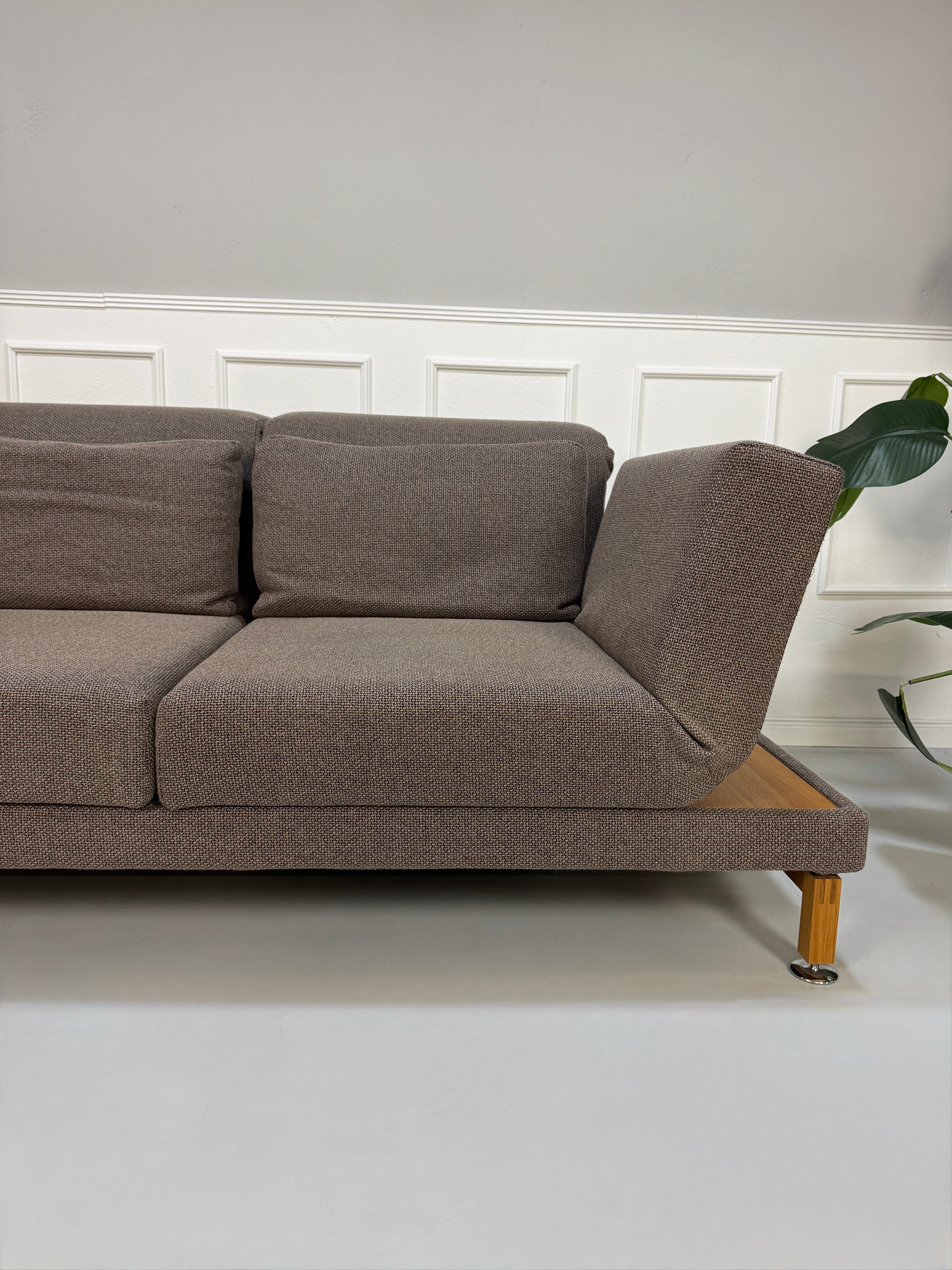Gebrauchtes braunes Brühl Moule Designer Stoff Sofa vor einer Wand, stilvoll und modern eingerichtet.