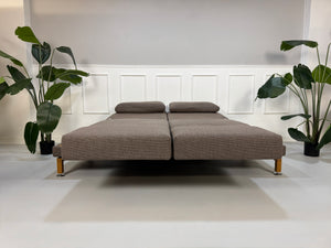 Gebrauchtes braunes Brühl Moule Designer Stoff Sofa vor einer Wand, stilvoll und modern eingerichtet.