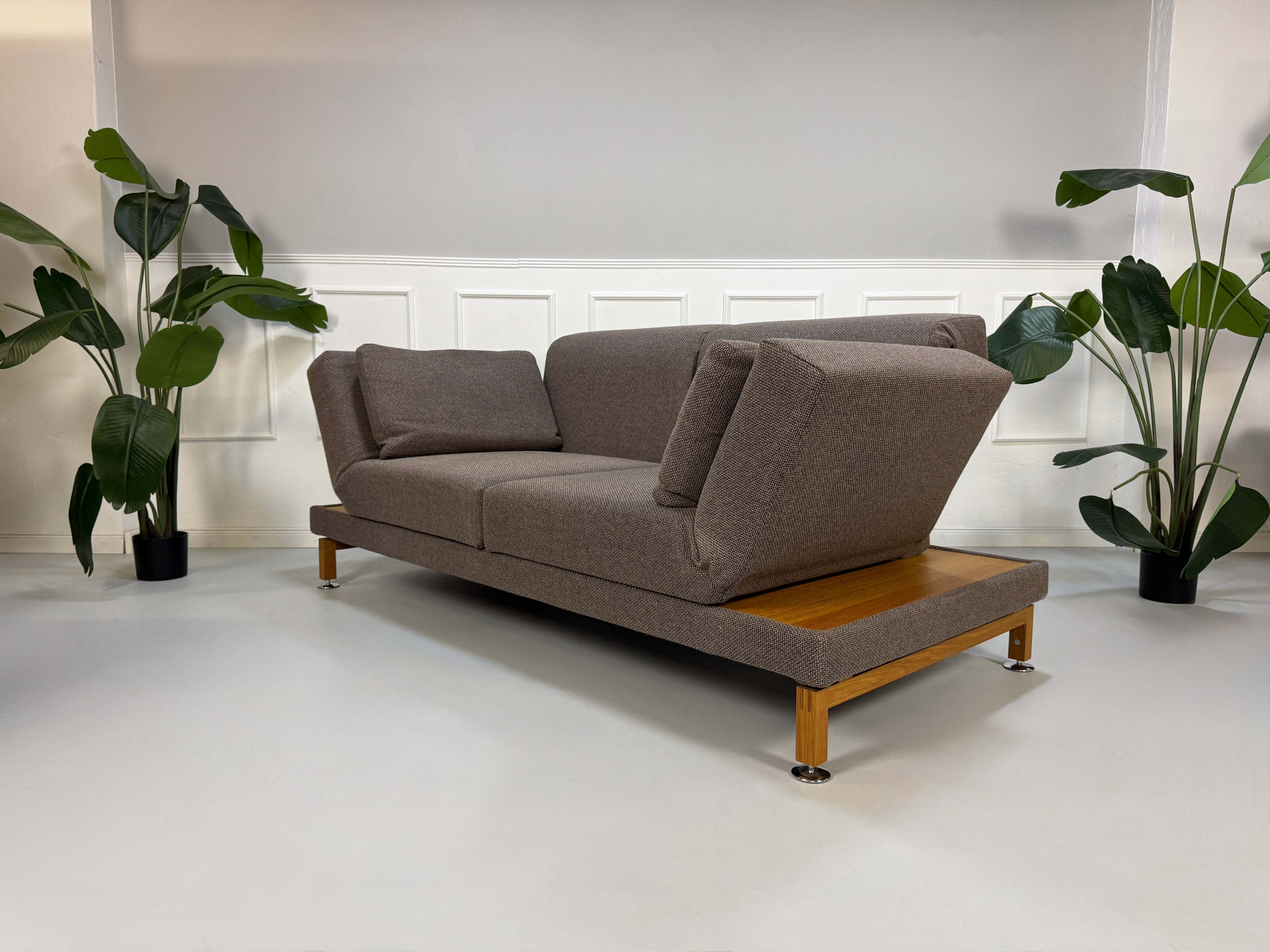 Gebrauchtes braunes Brühl Moule Designer Stoff Sofa vor einer Wand, stilvoll und modern eingerichtet.