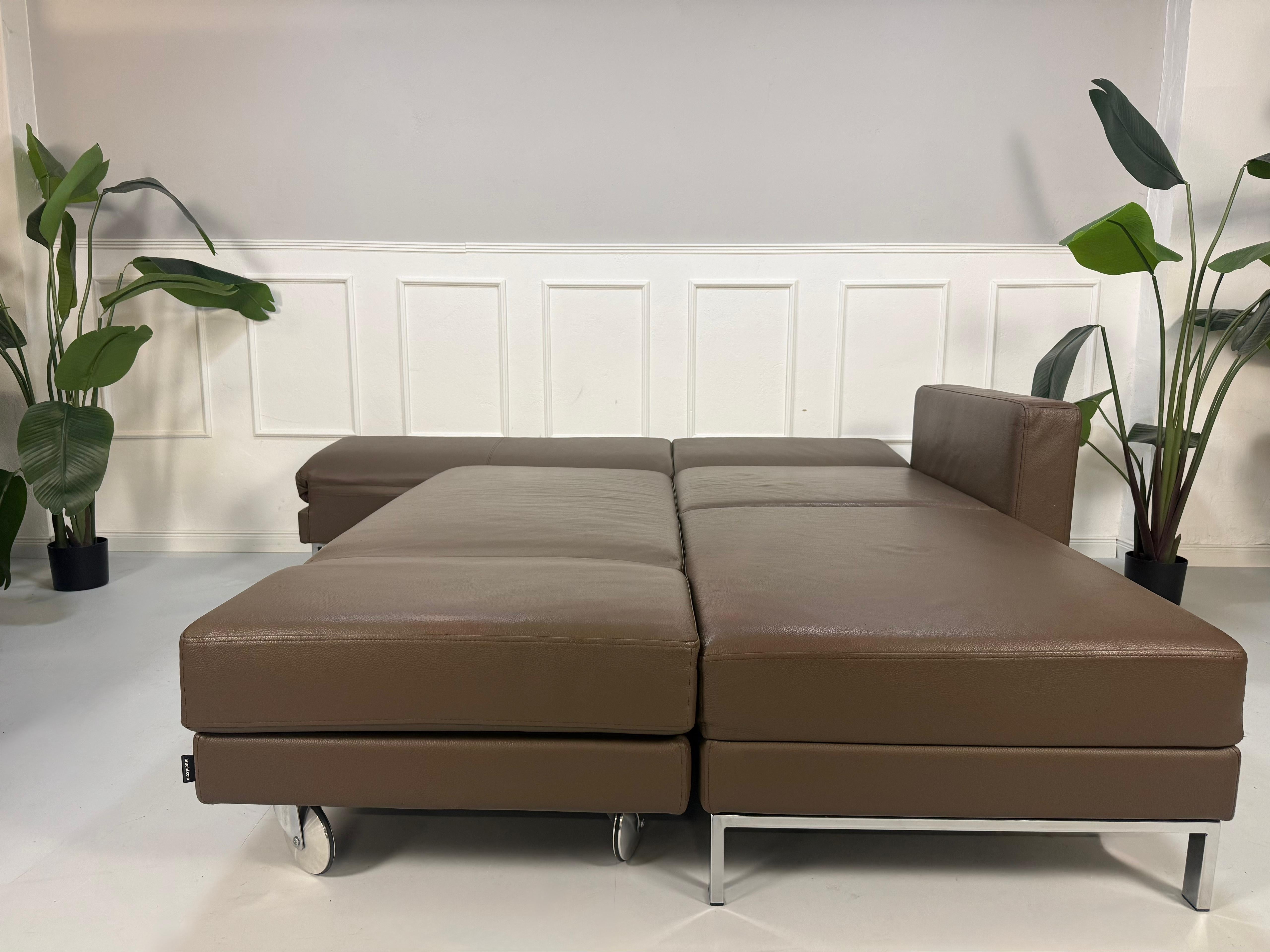 Gebrauchtes braunes Ledersofa Brühl Modell Four Two vor einer modernen Wand.