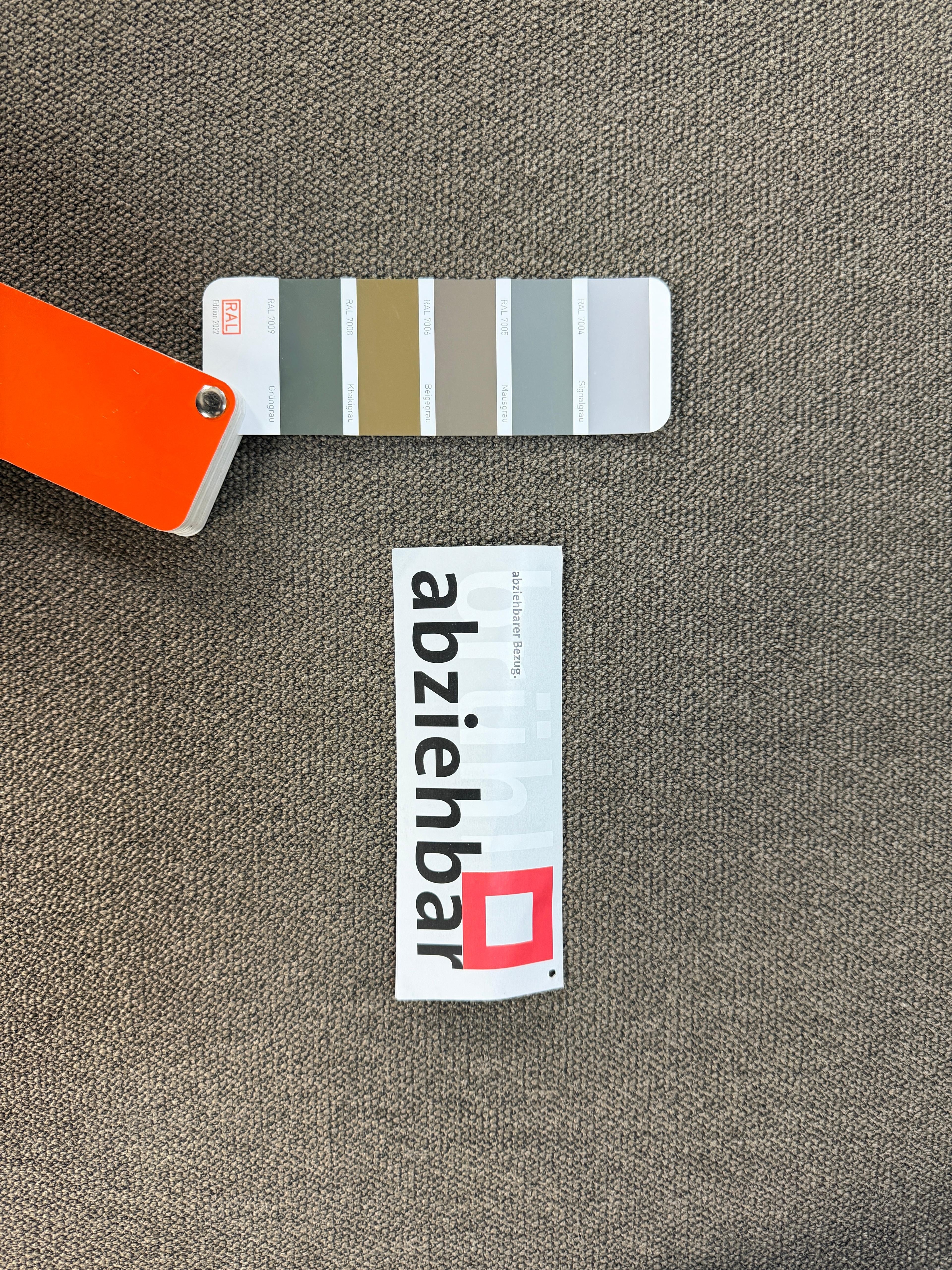 Gebrauchtes braunes Stoff Sofa Brühl Modell Moule vor einer modernen Wand.