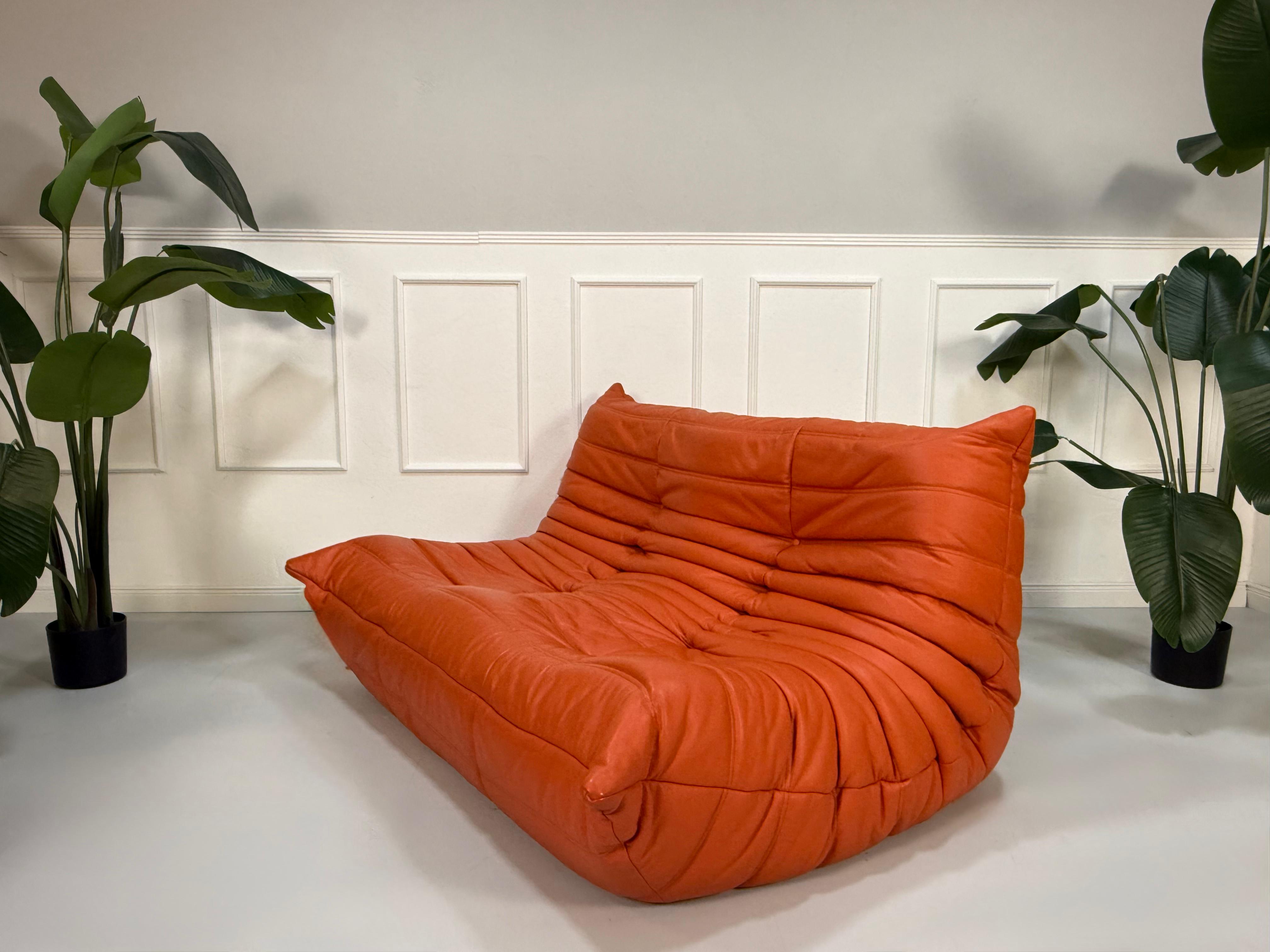Ligne Roset Togo Designer Sofa Orange Leder 2 Sitzer