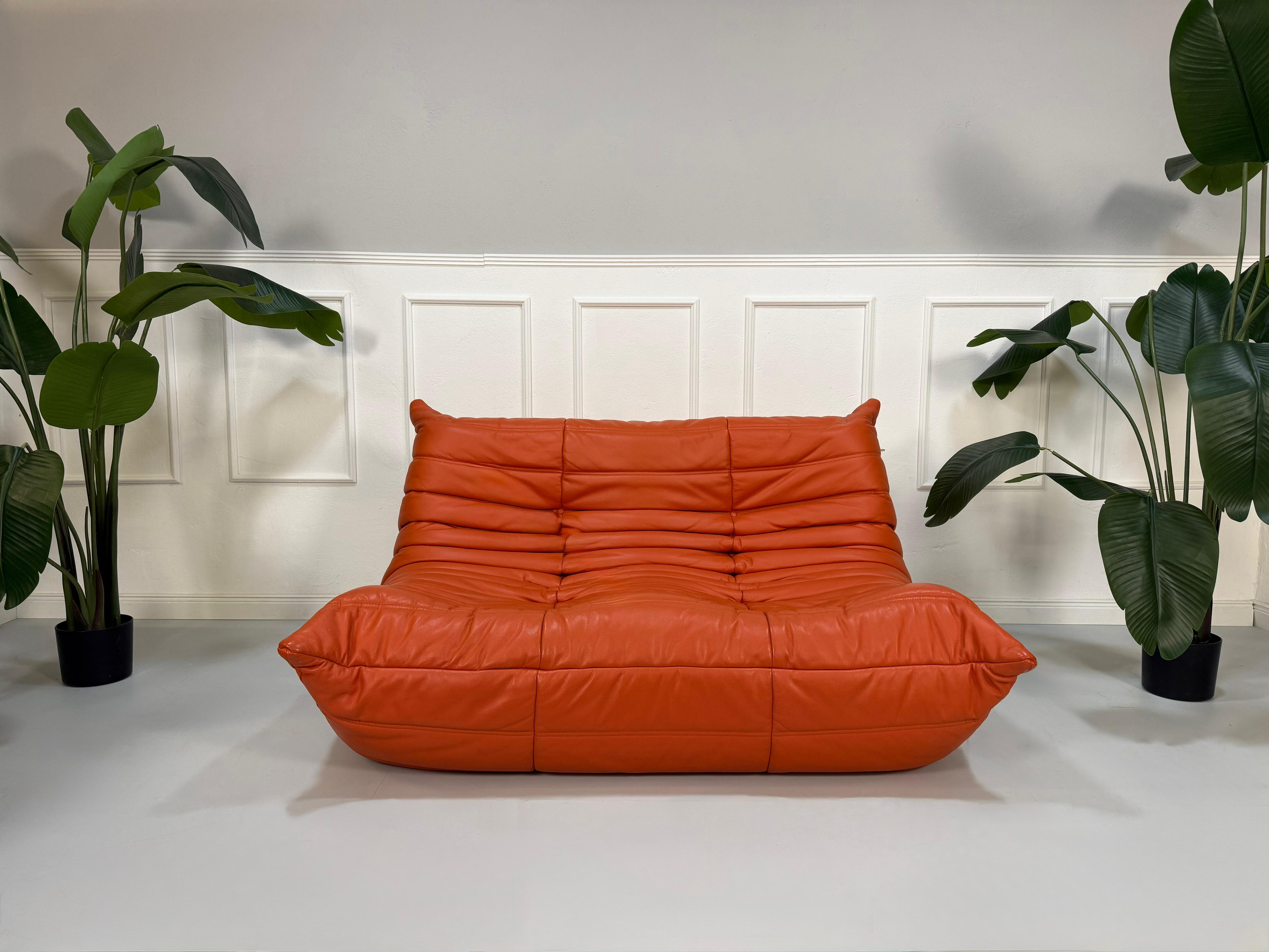 Ligne Roset Togo Designer Sofa Orange Leder 2 Sitzer
