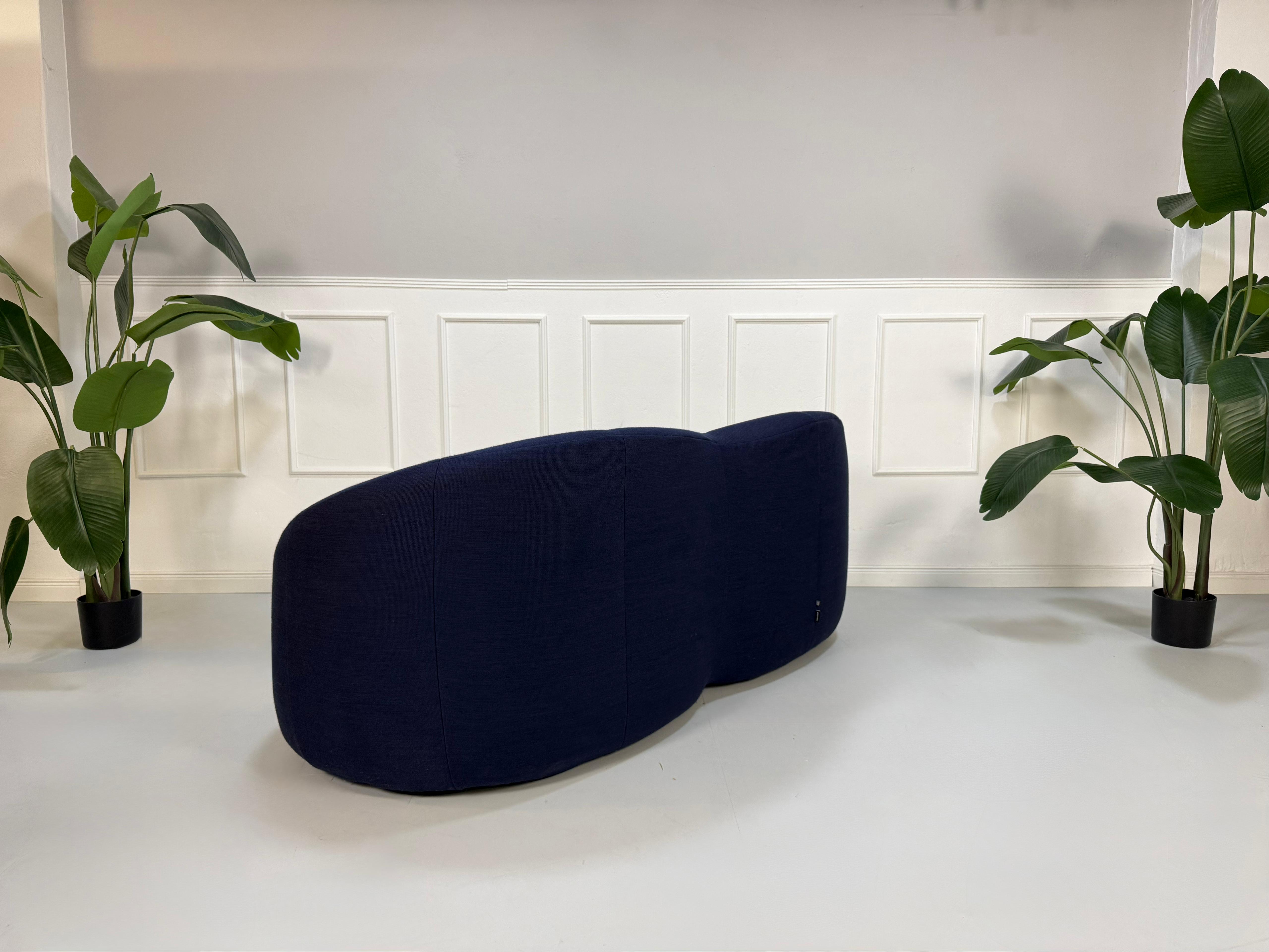 Gebrauchtes blaues Stoff Sofa Ligne Roset Pumpkin vor einer modernen Wand.