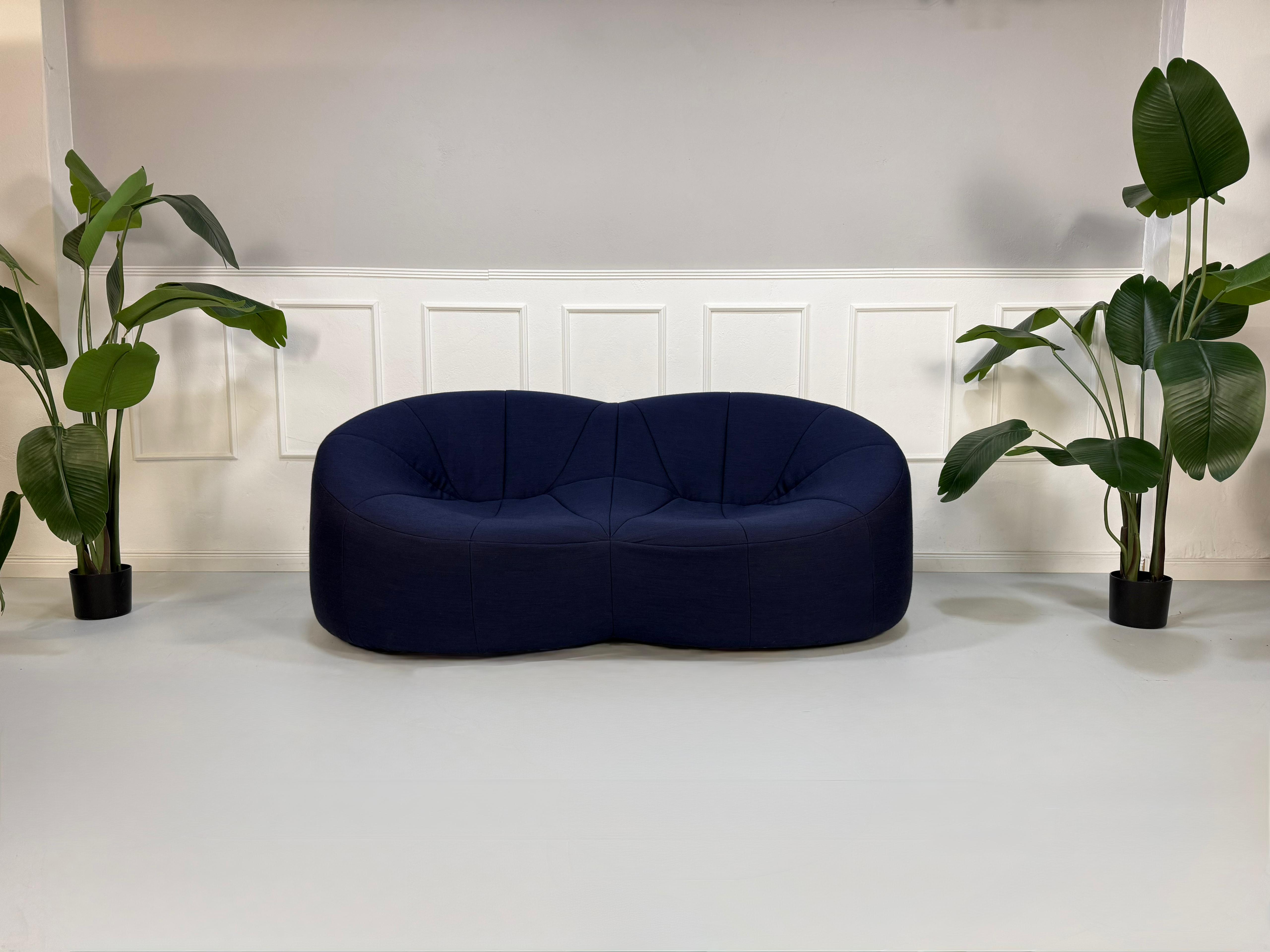 Gebrauchtes blaues Stoff Sofa Ligne Roset Pumpkin vor einer modernen Wand.