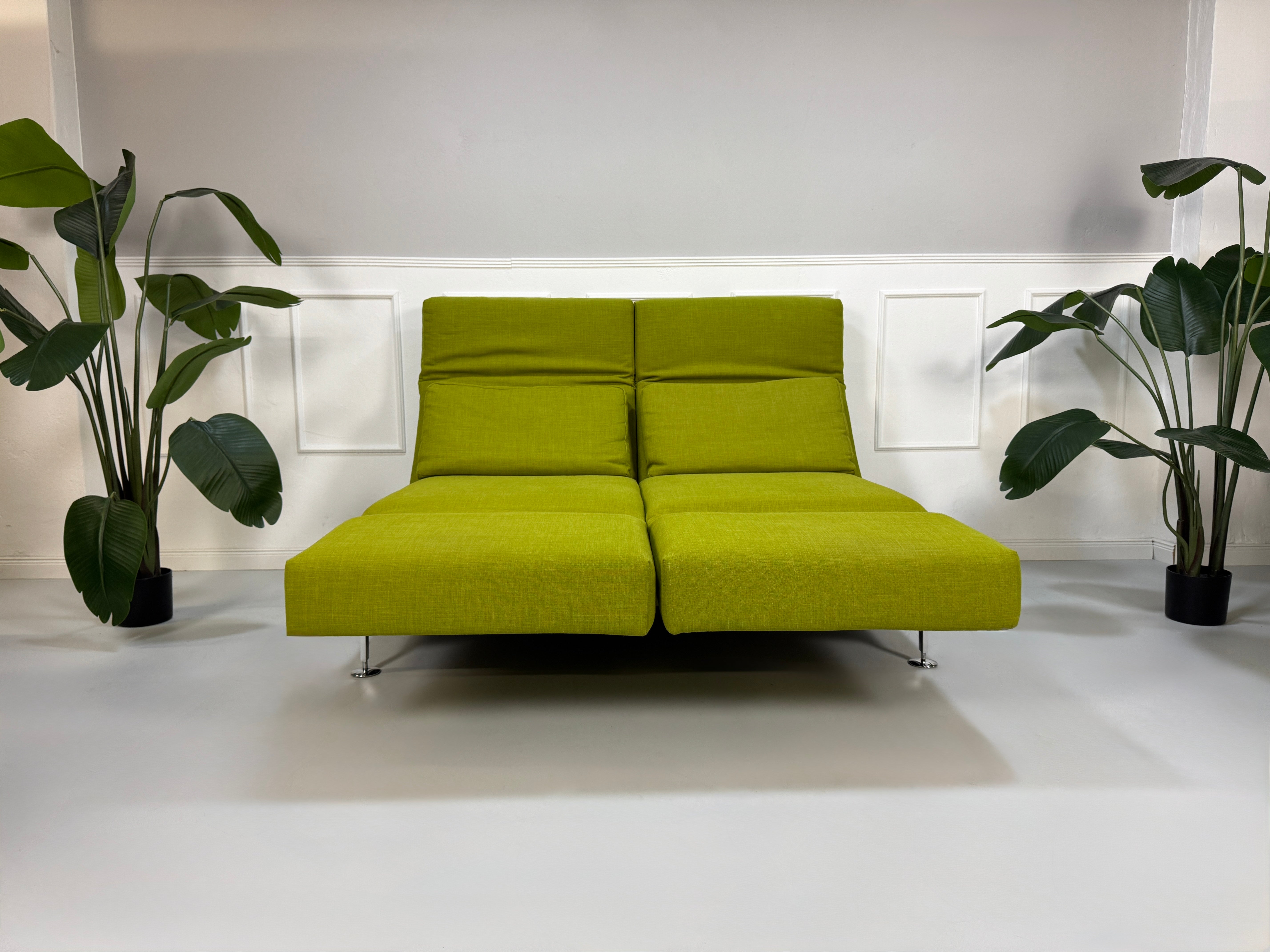 Gebrauchtes grünes Stoff Sofa Brühl Modell Moule vor einer modernen Wand.