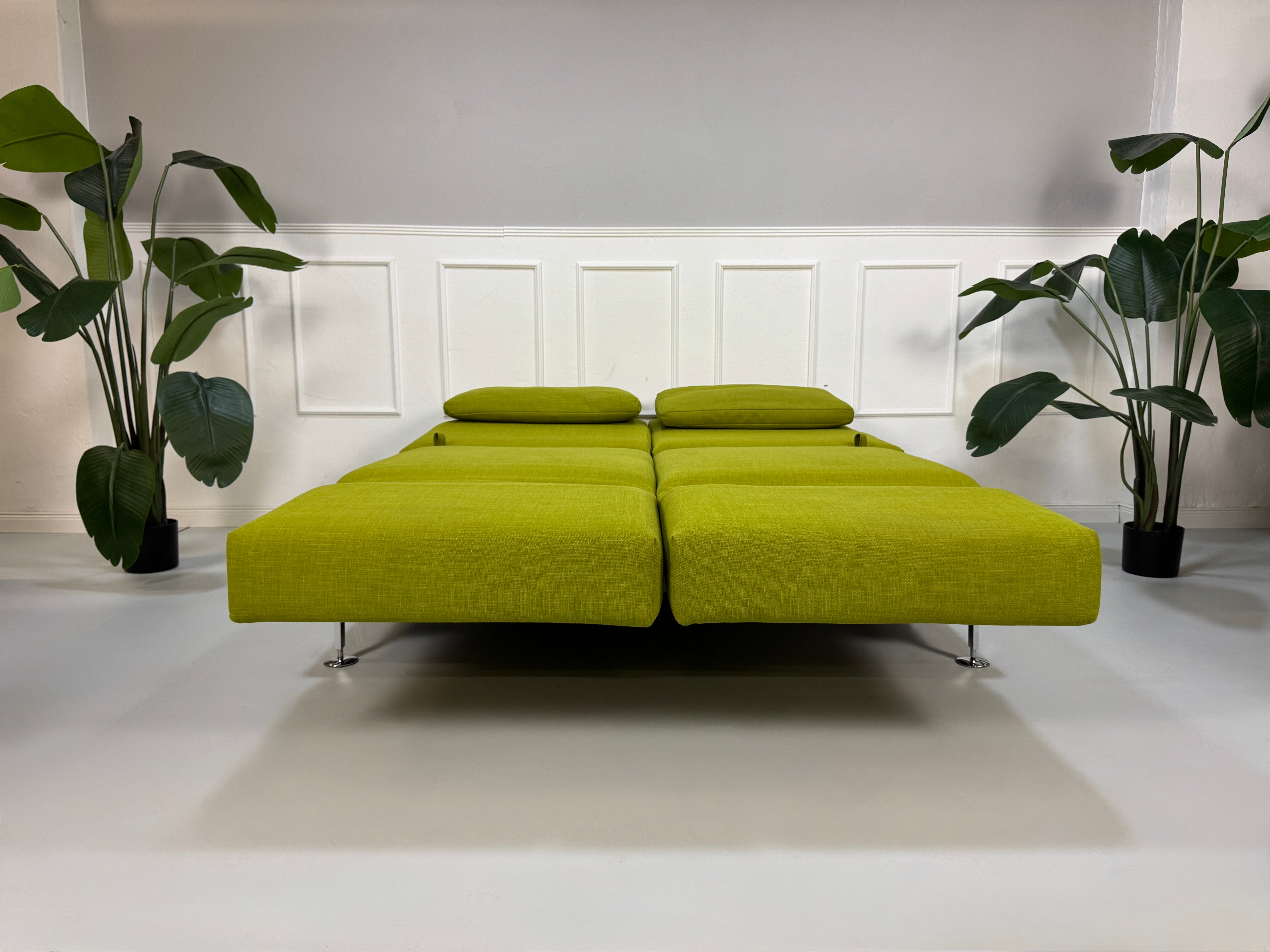 Gebrauchtes grünes Stoff Sofa Brühl Modell Moule vor einer modernen Wand.