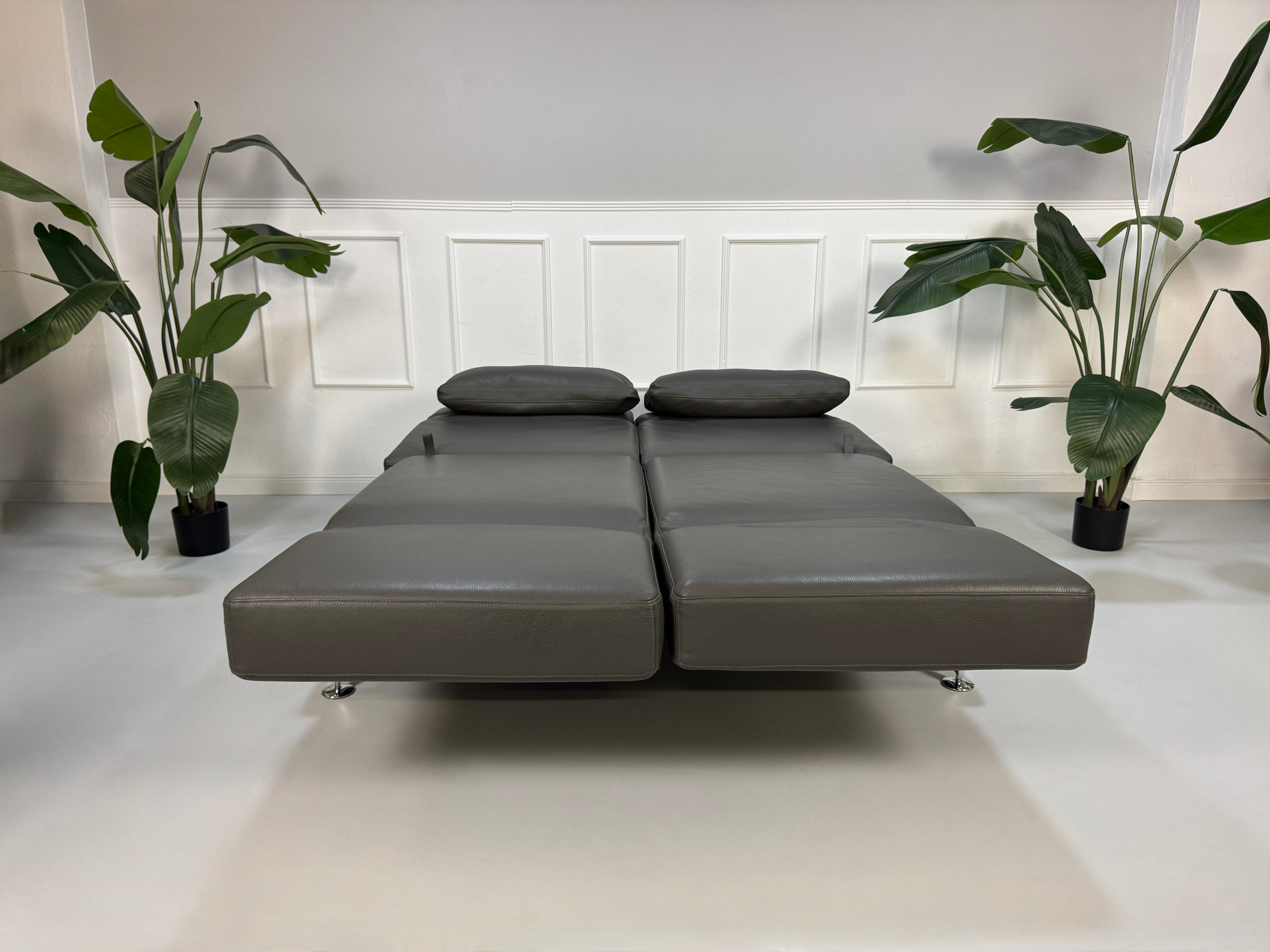 Gebrauchtes graues Brühl Moule Designer Leder Sofa vor einer Wand, stilvoll und modern eingerichtet.