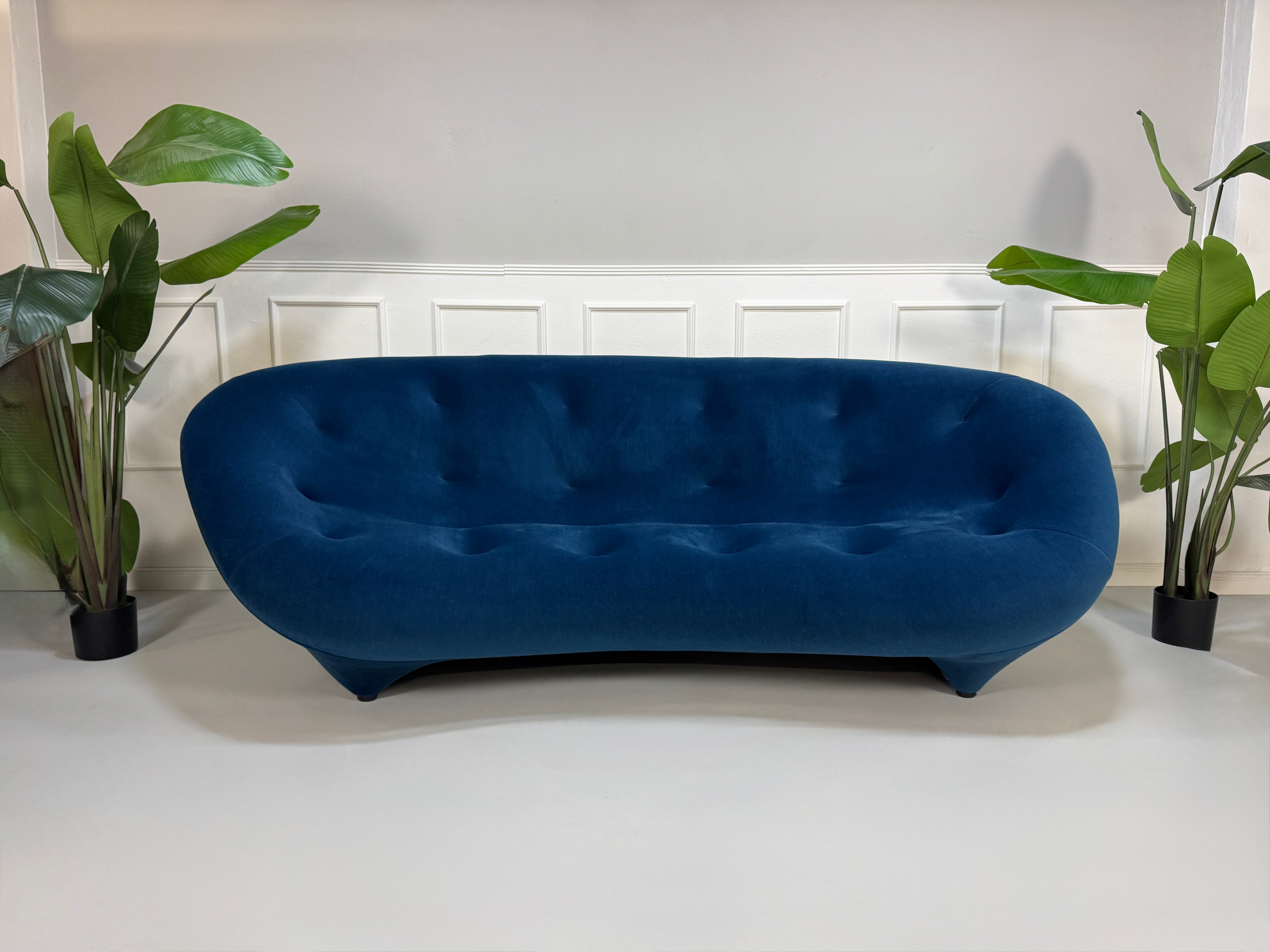 Gebrauchtes blaues Stoff Sofa Ligne Roset Modell Ploum vor einer modernen Wand.