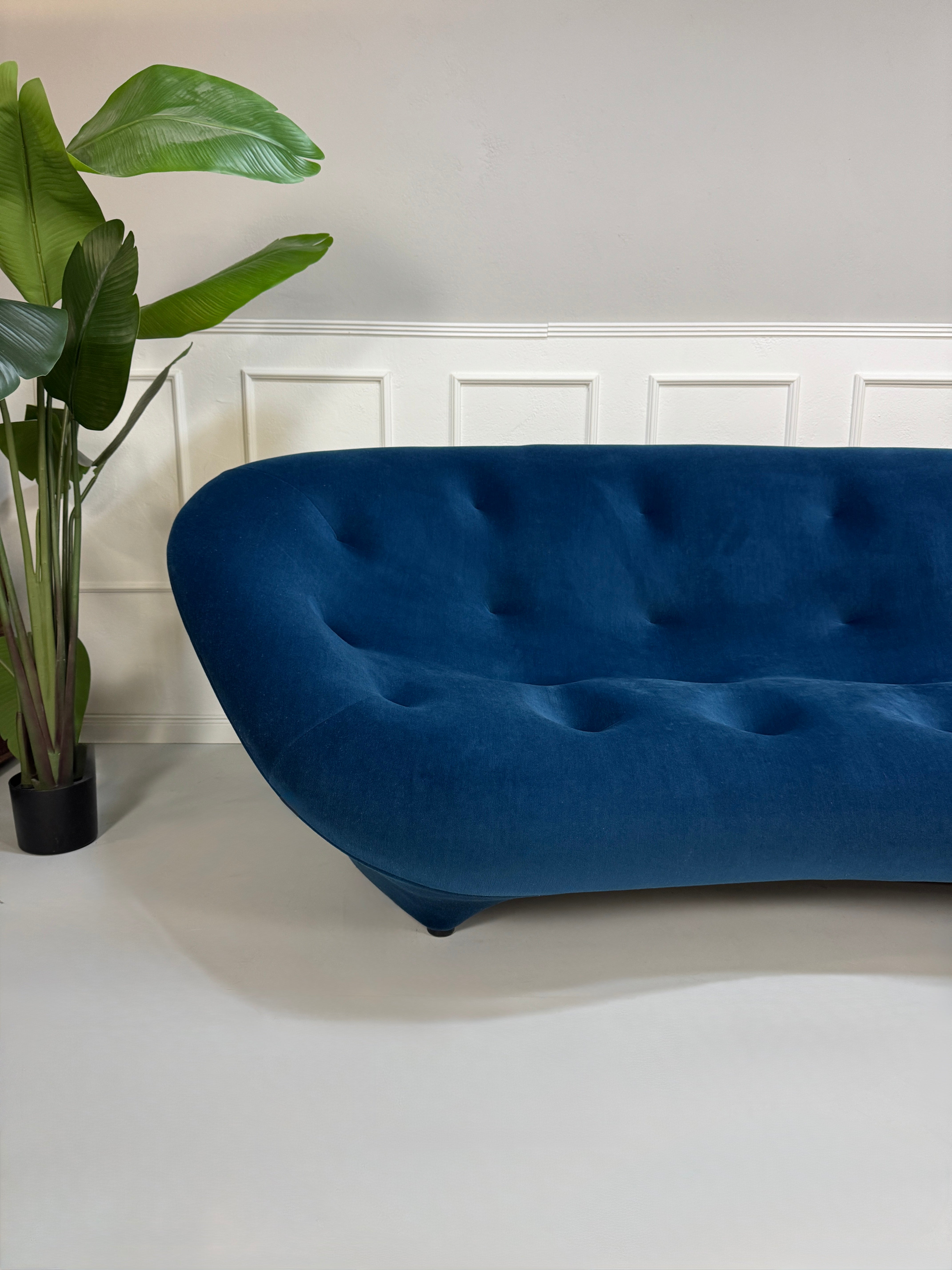 Gebrauchtes blaues Stoff Sofa Ligne Roset Modell Ploum vor einer modernen Wand.