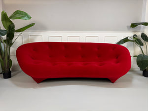 Gebrauchtes rotes Stoff Sofa Ligne Roset Modell Ploum vor einer modernen Wand.