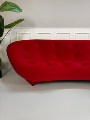 Gebrauchtes rotes Stoff Sofa Ligne Roset Modell Ploum vor einer modernen Wand.