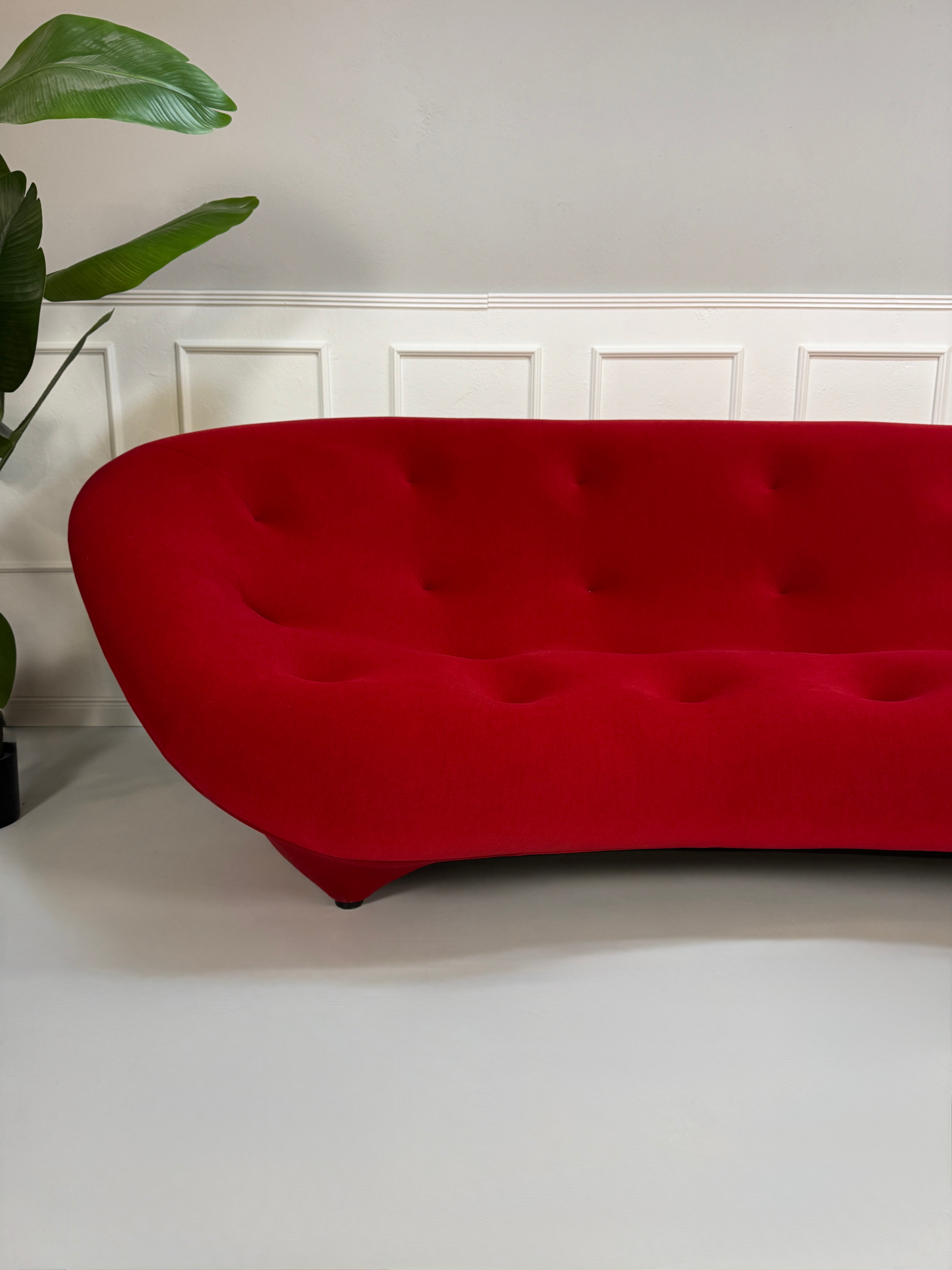 Gebrauchtes rotes Stoff Sofa Ligne Roset Modell Ploum vor einer modernen Wand.