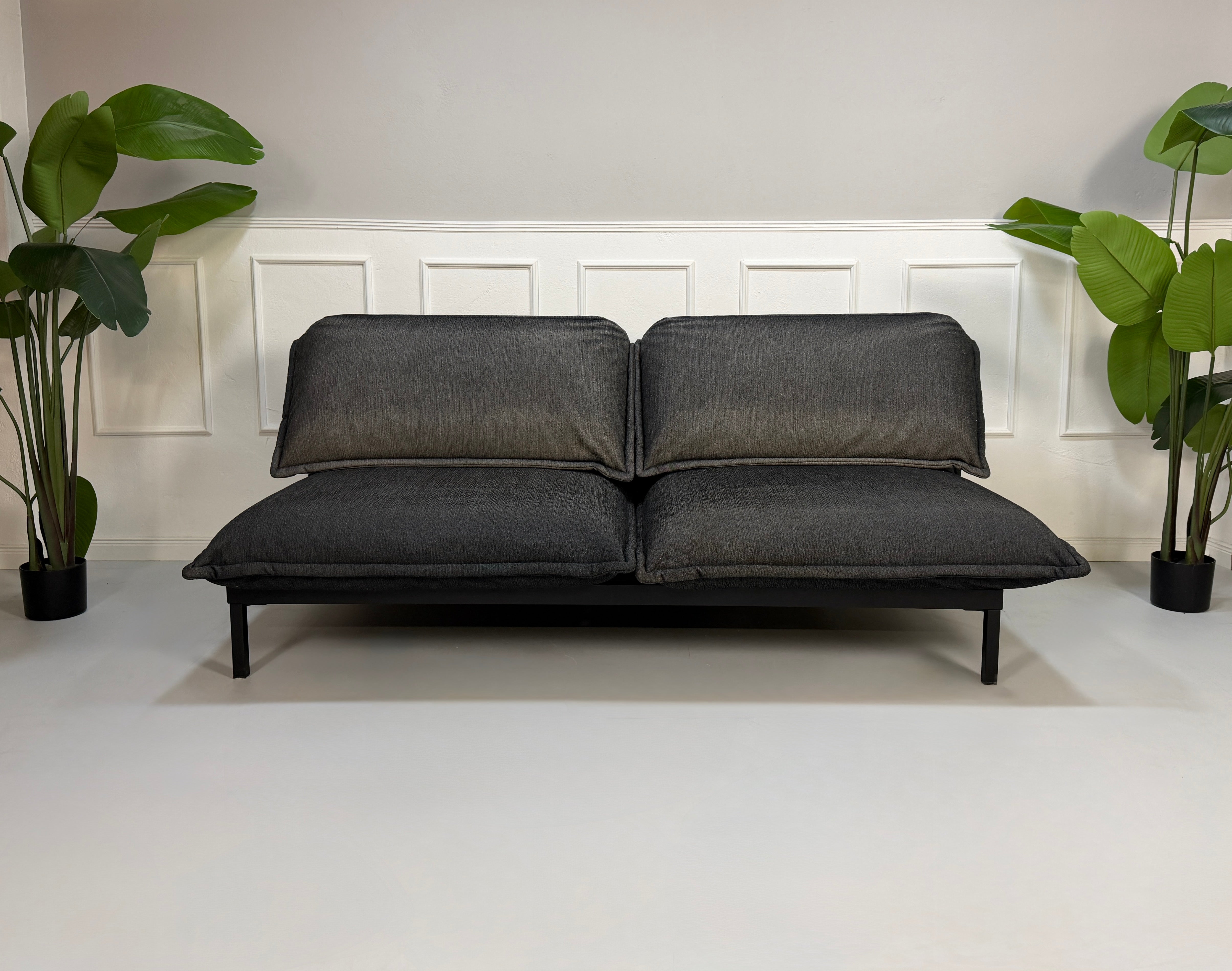 Gebrauchtes graues Rolf Benz Nova Designer Stoff Sofa vor einer Wand, stilvoll und modern eingerichtet.