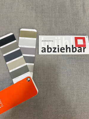 Gebrauchtes graues Brühl Moule Designer Stoff Sofa vor einer Wand, stilvoll und modern eingerichtet.