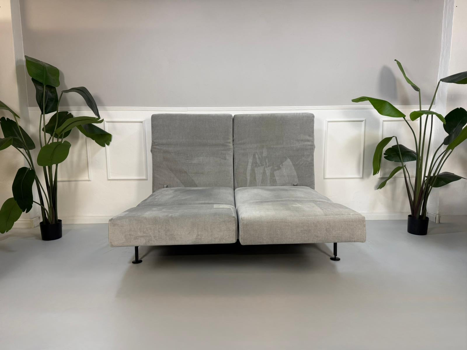Gebrauchtes graues Brühl Moule Designer Stoff Sofa vor einer Wand, stilvoll und modern eingerichtet.