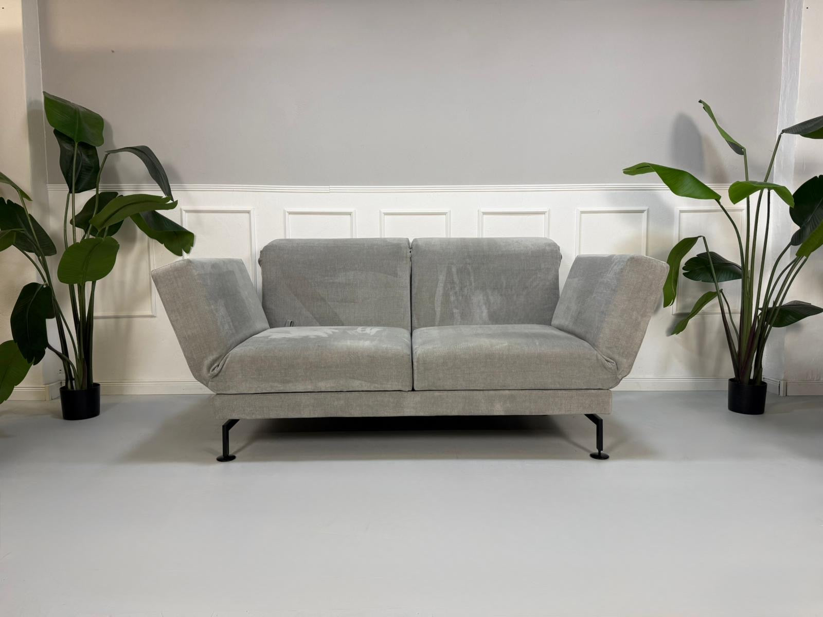 Gebrauchtes graues Brühl Moule Designer Stoff Sofa vor einer Wand, stilvoll und modern eingerichtet.