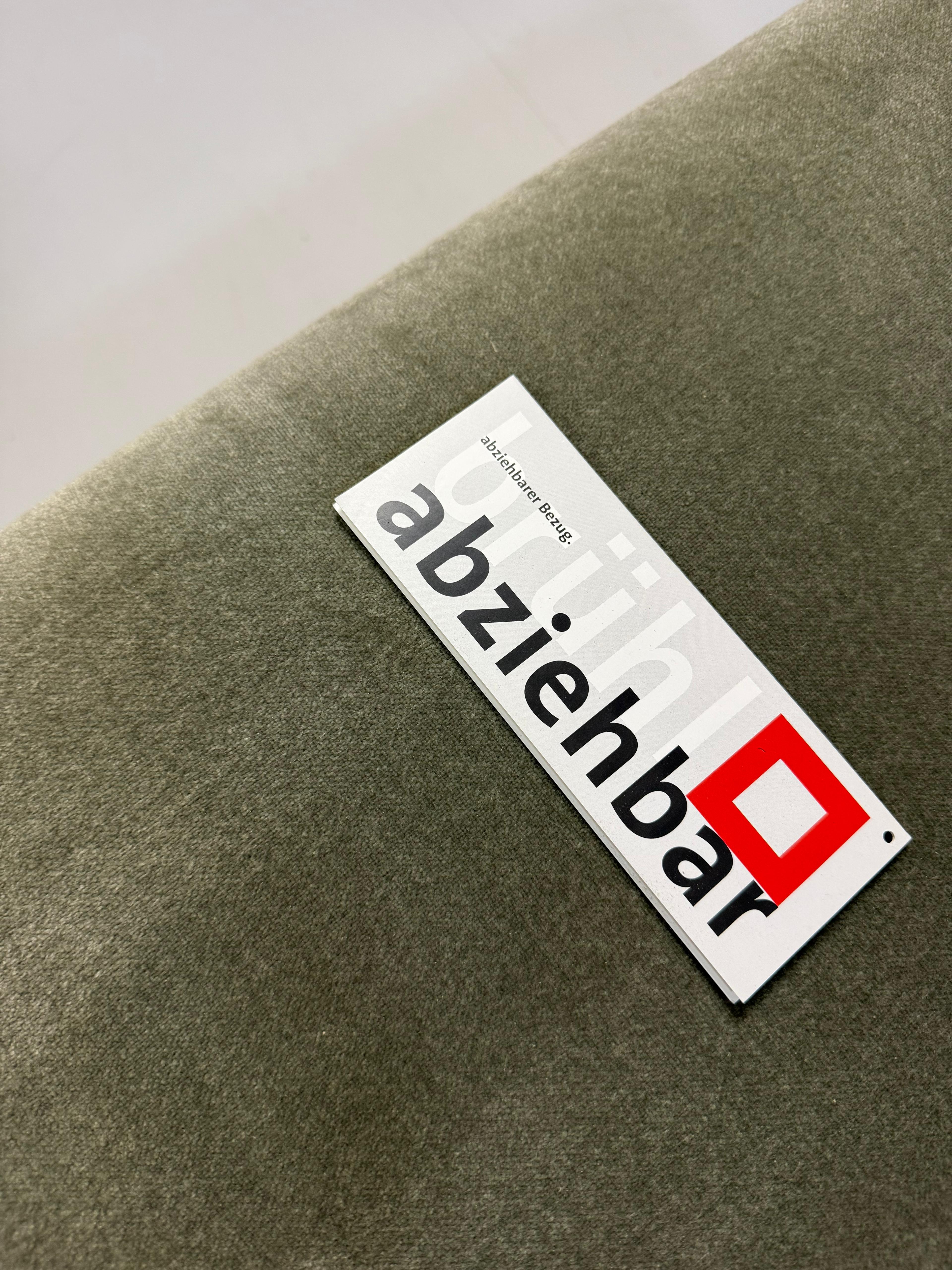 Gebrauchtes grau grünes Brühl Moule Designer Stoff Sofa vor einer Wand, stilvoll und modern eingerichtet.