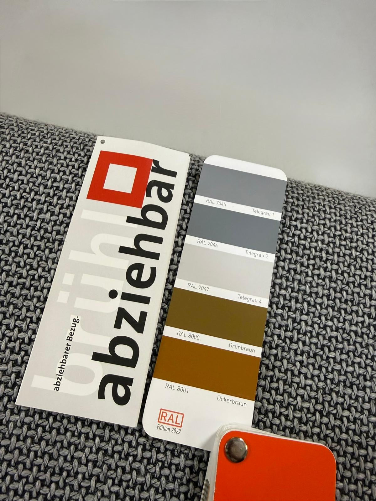 Gebrauchtes Brühl Moule Designer Stoff Sofa als Ausstellungsstück in der Farbe Grau vor einer Wand, stilvoll und modern eingerichtet.