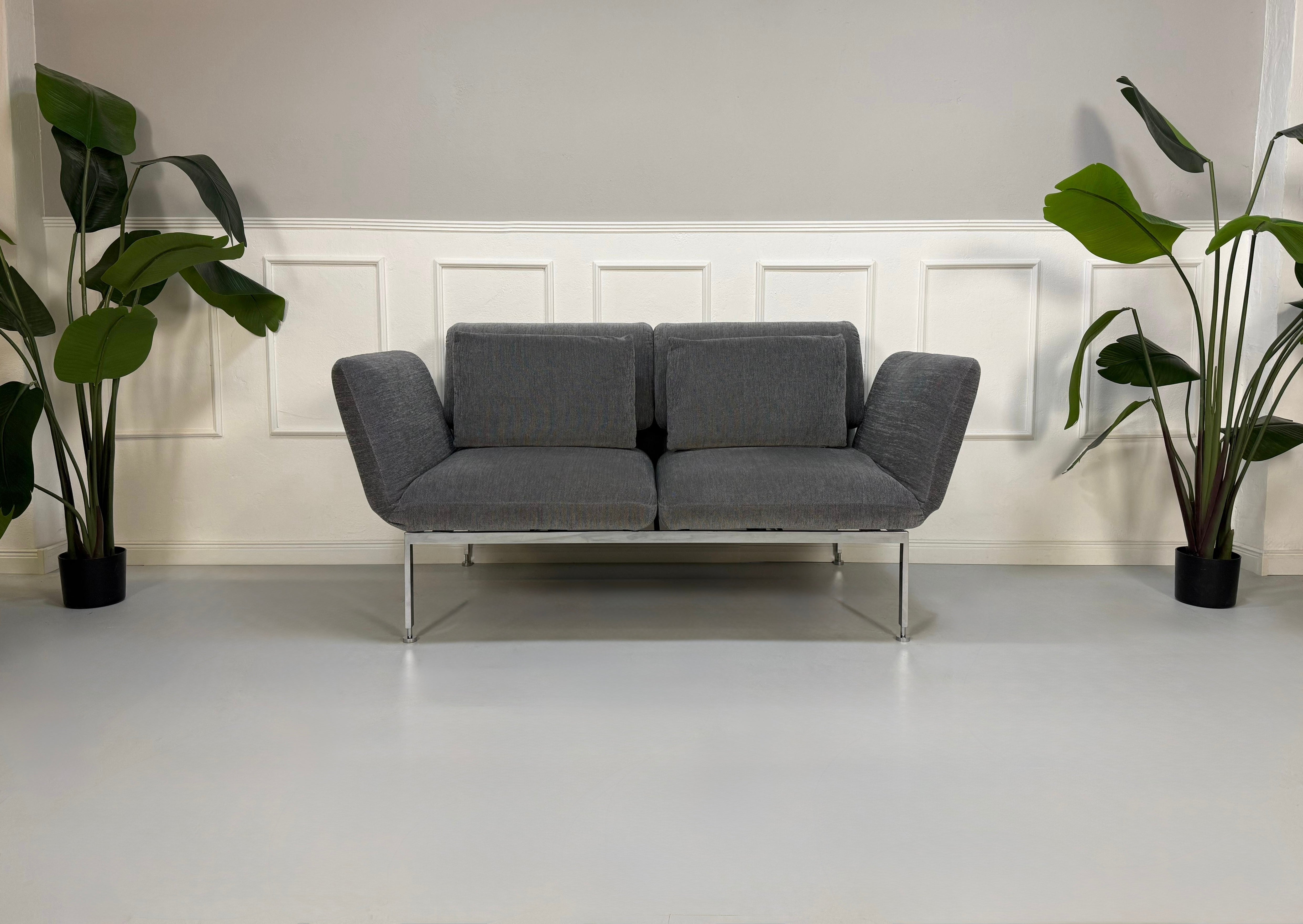 Gebrauchtes graues Brühl Roro Small Designer Stoff Sofa vor einer Wand, stilvoll und modern eingerichtet.