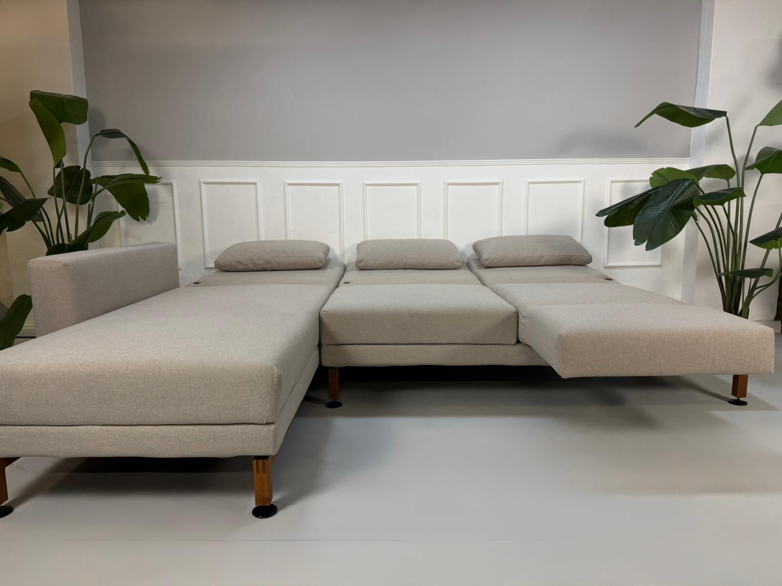 Gebrauchtes graues Brühl Moule Designer Stoff Sofa vor einer Wand, stilvoll und modern eingerichtet.