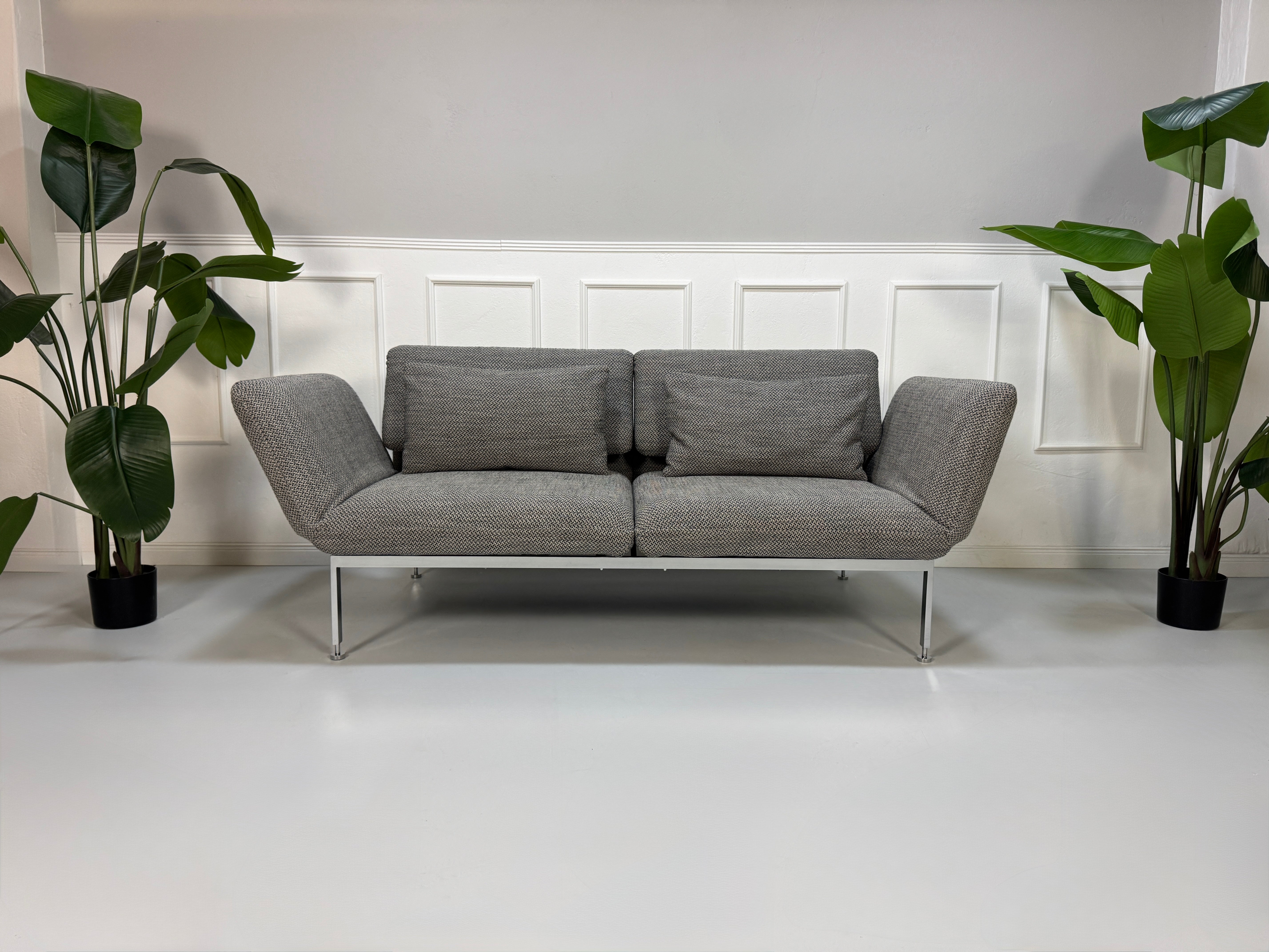 Gebrauchtes Brühl Roro Designer Stoff Sofa in der Farbe Grau vor einer Wand, stilvoll und modern eingerichtet.