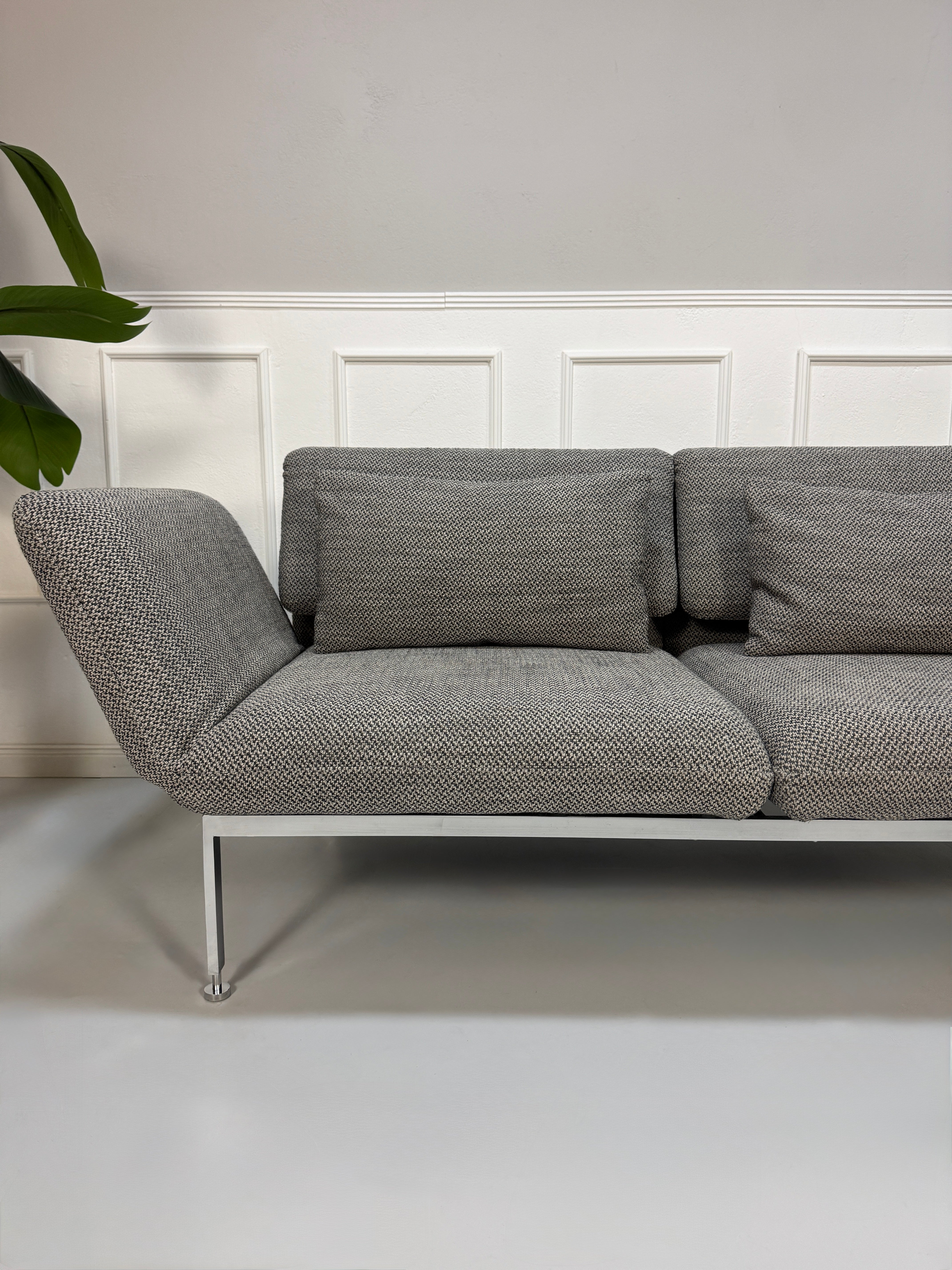 Gebrauchtes Brühl Roro Designer Stoff Sofa in der Farbe Grau vor einer Wand, stilvoll und modern eingerichtet.