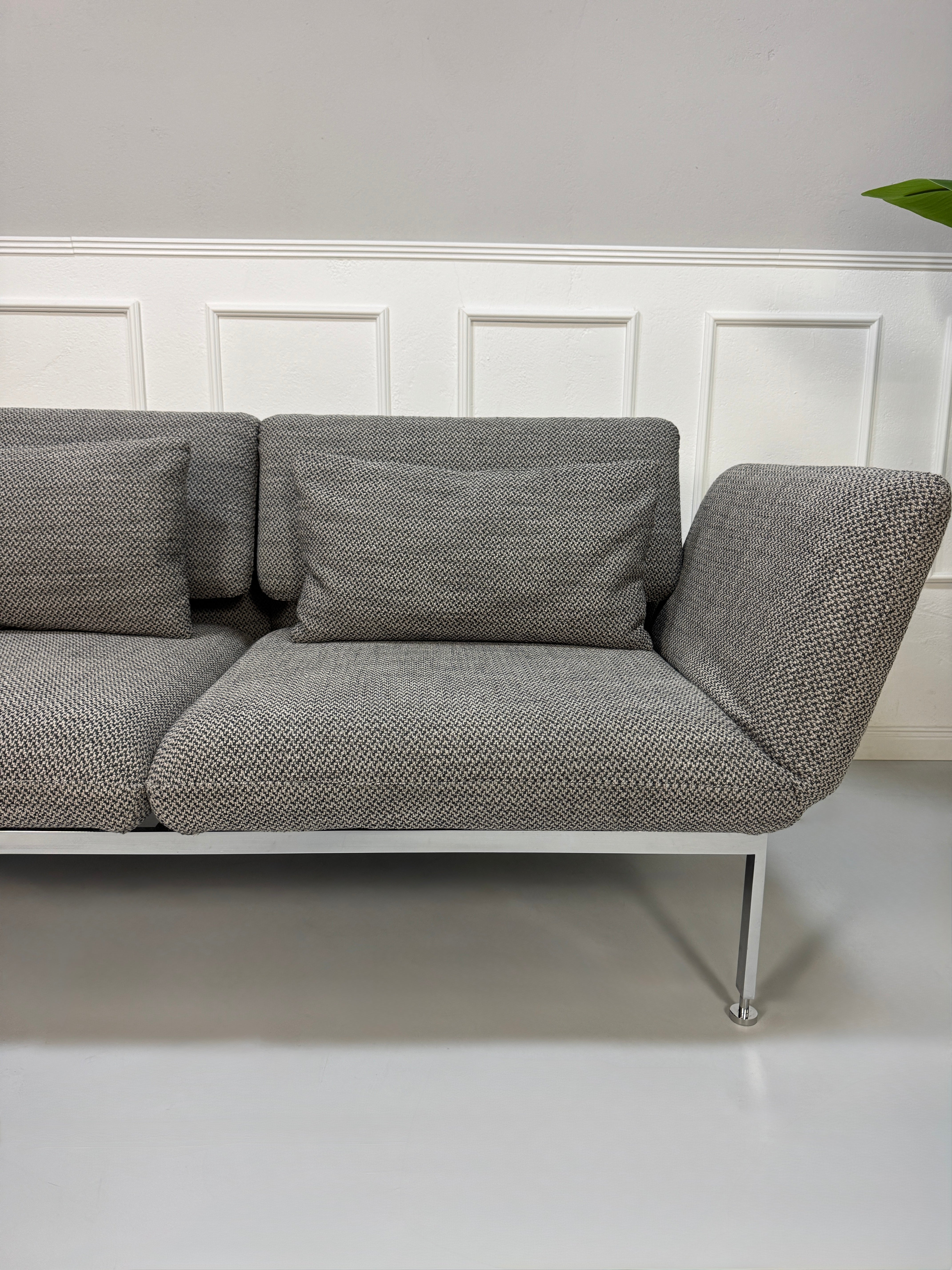 Gebrauchtes Brühl Roro Designer Stoff Sofa in der Farbe Grau vor einer Wand, stilvoll und modern eingerichtet.