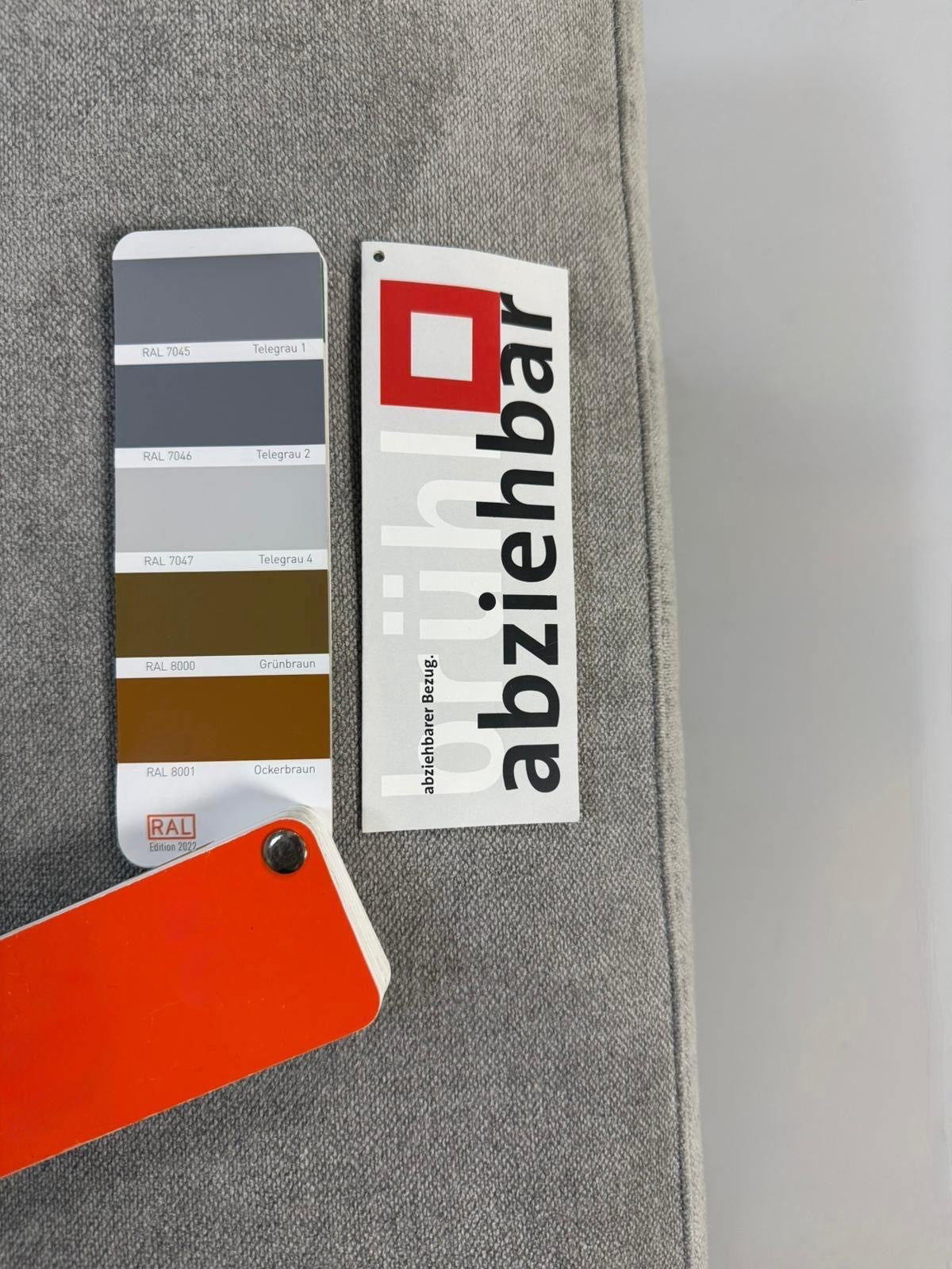 Gebrauchtes graues Brühl Roro Soft Designer Stoff Sofa vor einer Wand, stilvoll und modern eingerichtet.