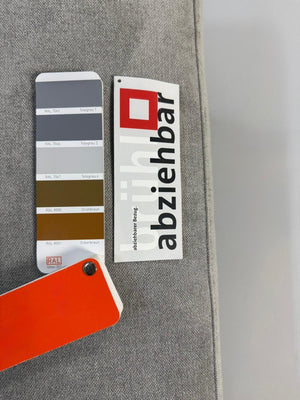 Gebrauchtes graues Brühl Roro Soft Designer Stoff Sofa vor einer Wand, stilvoll und modern eingerichtet.