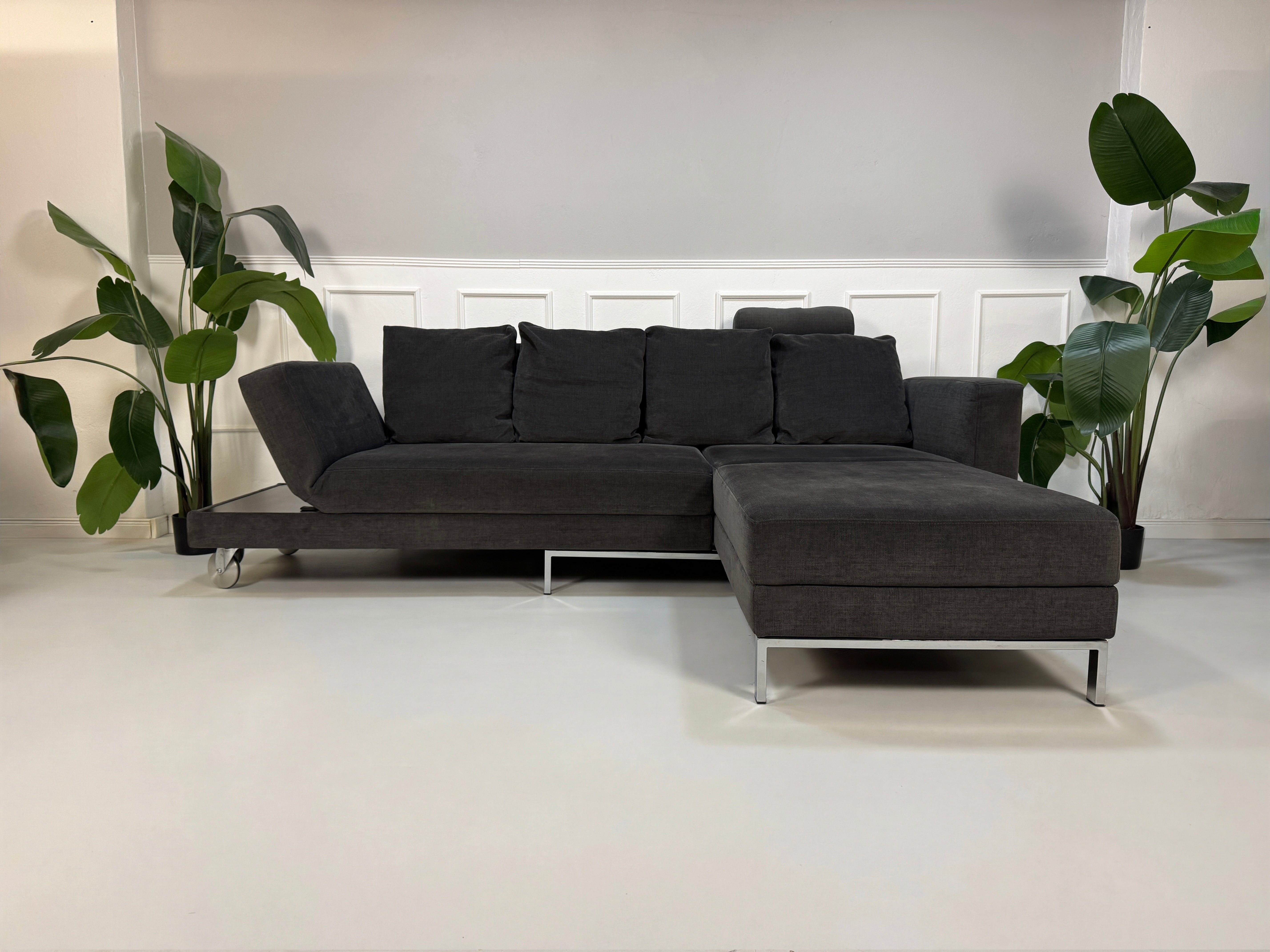 Gebrauchtes Brühl FourTwo Designer Stoff Sofa in der Farbe Grau vor einer Wand, stilvoll und modern eingerichtet.