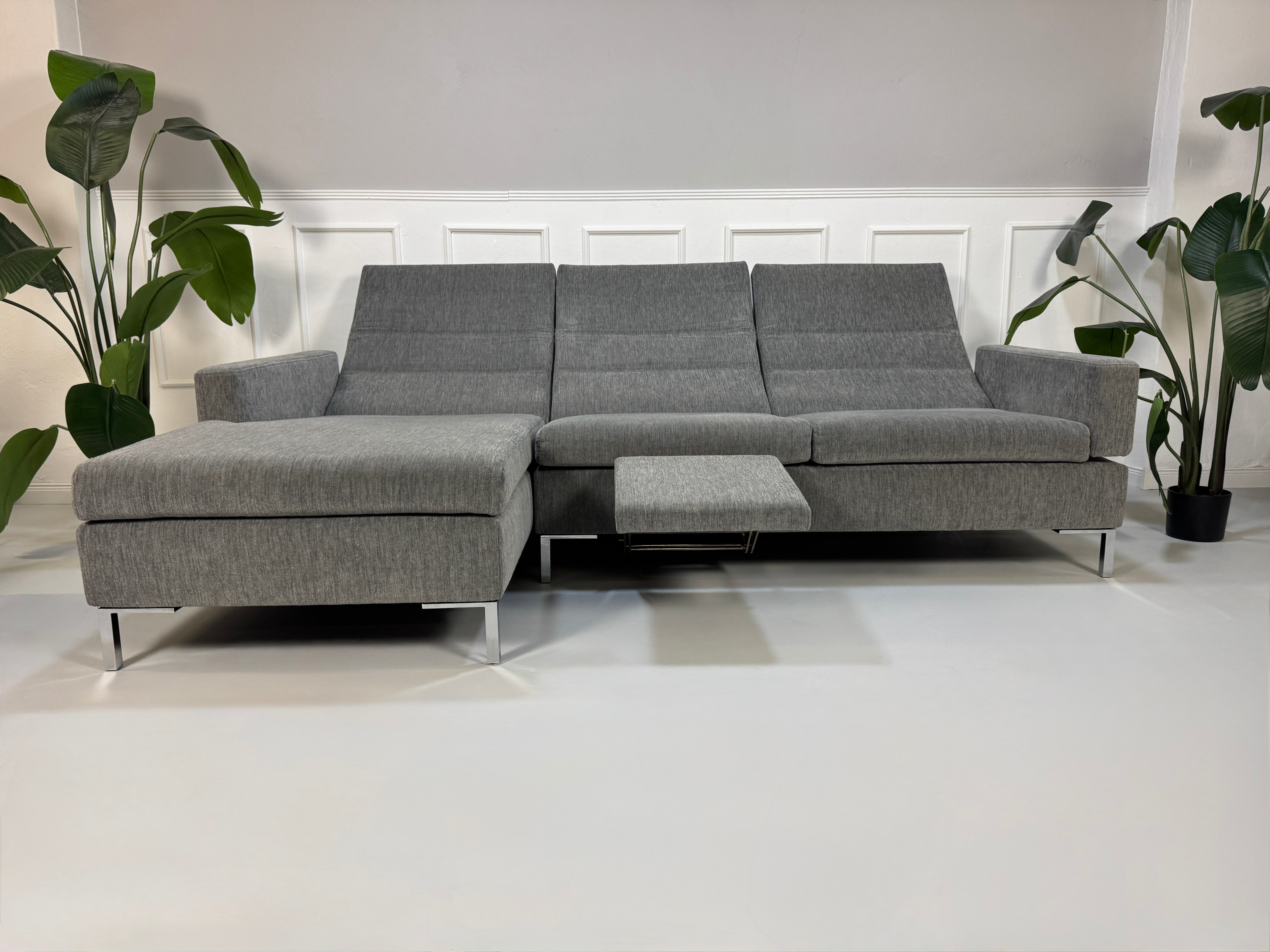 Gebrauchtes Brühl Tomo Designer Stoff Sofa in der Farbe Grau vor einer Wand, stilvoll und modern eingerichtet.