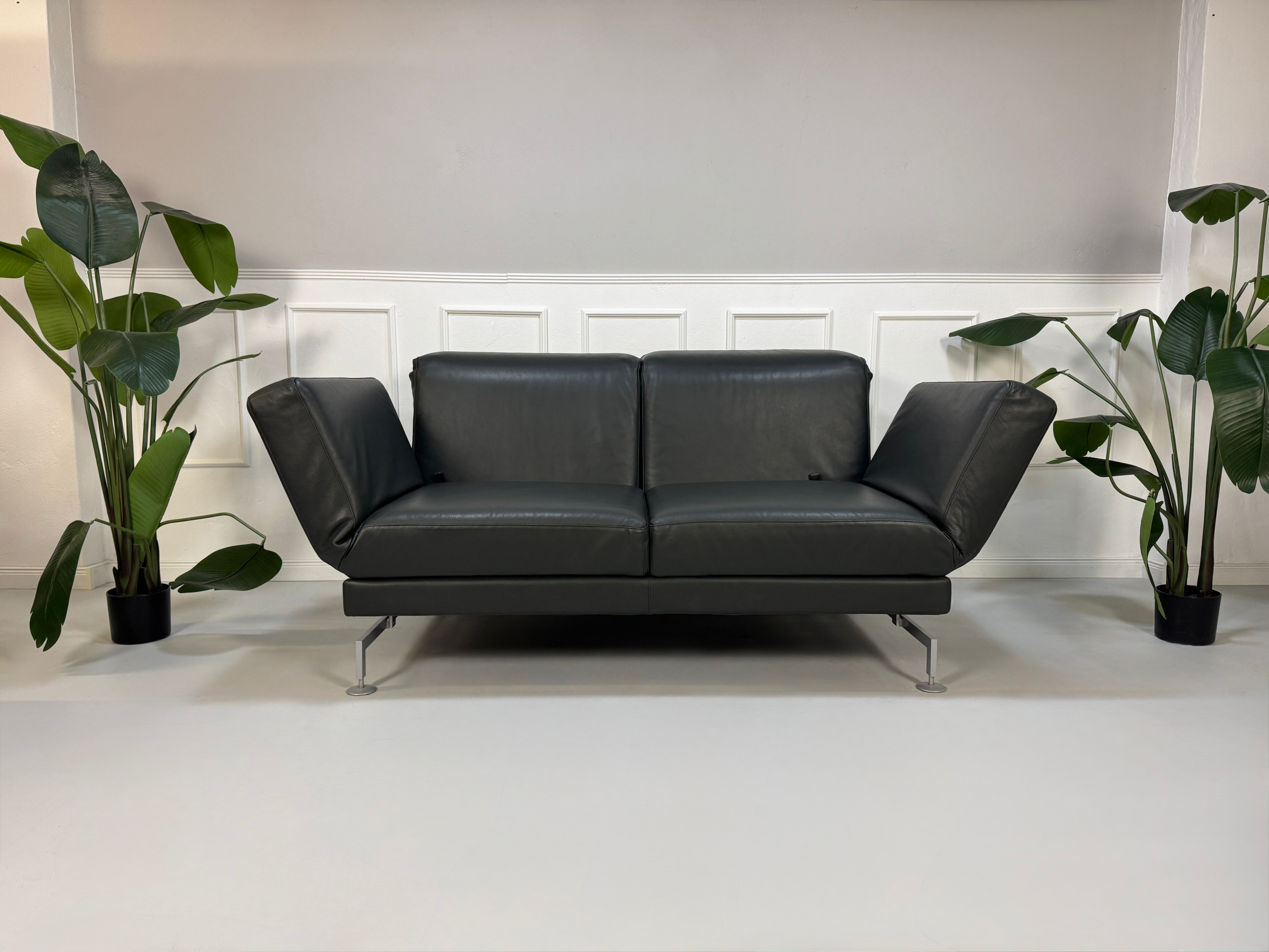 Gebrauchtes Brühl Moule Designer Leder Sofa in der Farbe Grau vor einer Wand, stilvoll und modern eingerichtet.