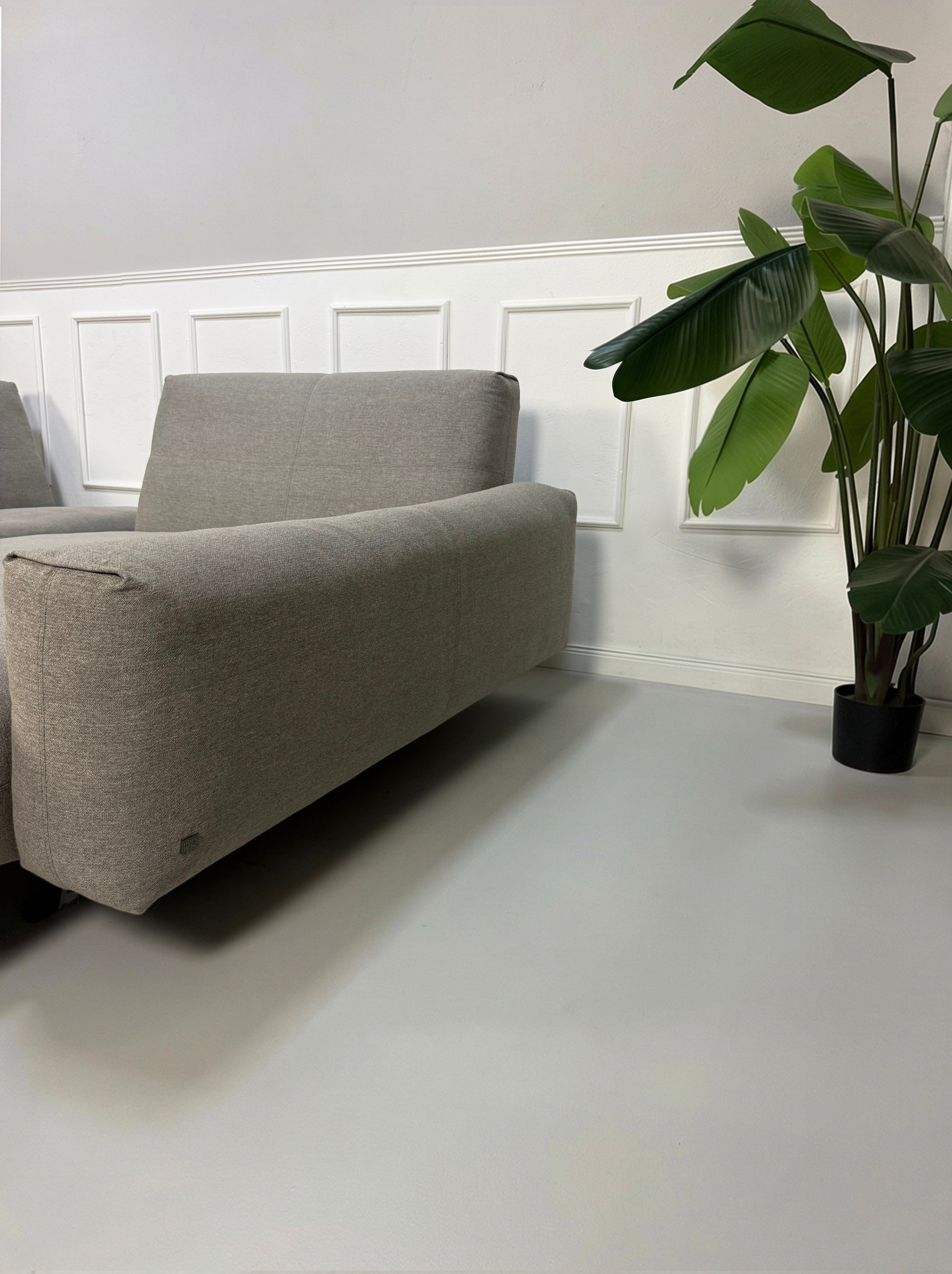 Gebrauchtes graues Rolf Benz 50 Designer Stoff Sofa vor einer Wand, stilvoll und modern eingerichtet.
