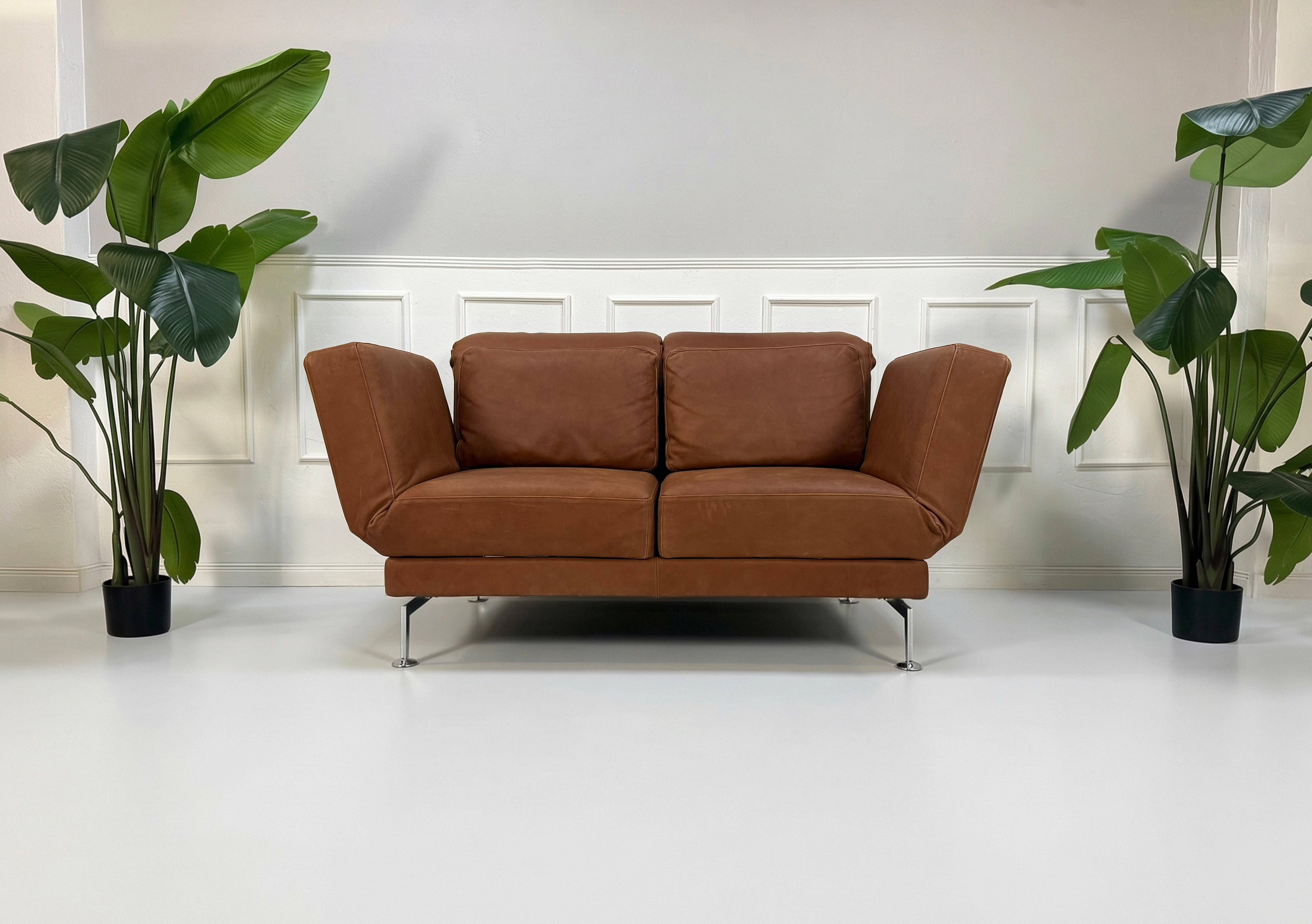 Gebrauchtes braunes cognac Brühl Moule Designer Leder Sofa vor einer Wand, stilvoll und modern eingerichtet.