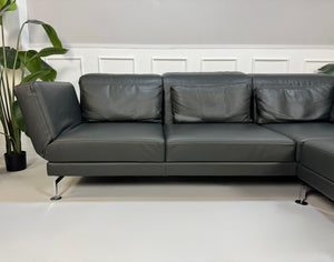 Gebrauchtes graues Brühl Moule Designer Leder Sofa vor einer Wand, stilvoll und modern eingerichtet.