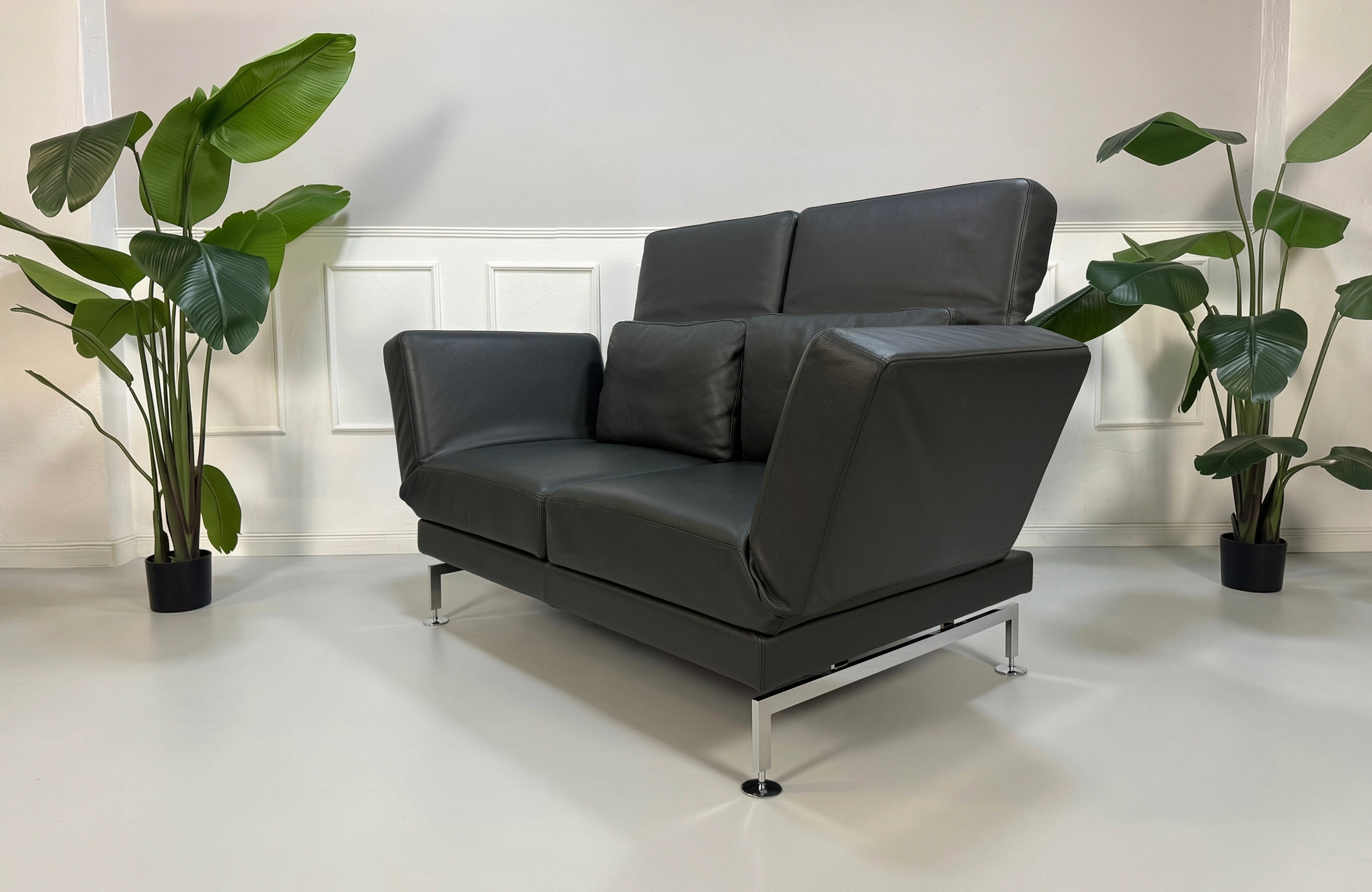 Gebrauchtes graues Brühl Moule Small Designer Leder Sofa vor einer Wand, stilvoll und modern eingerichtet.