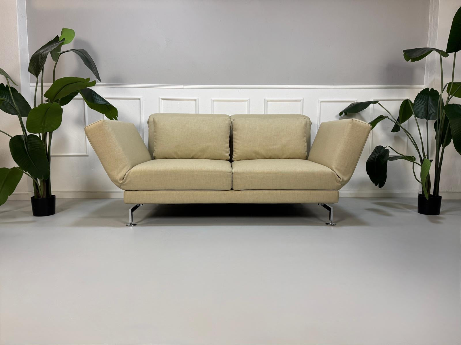 Gebrauchtes beiges Brühl Moule Designer Stoff Sofa vor einer Wand, stilvoll und modern eingerichtet.