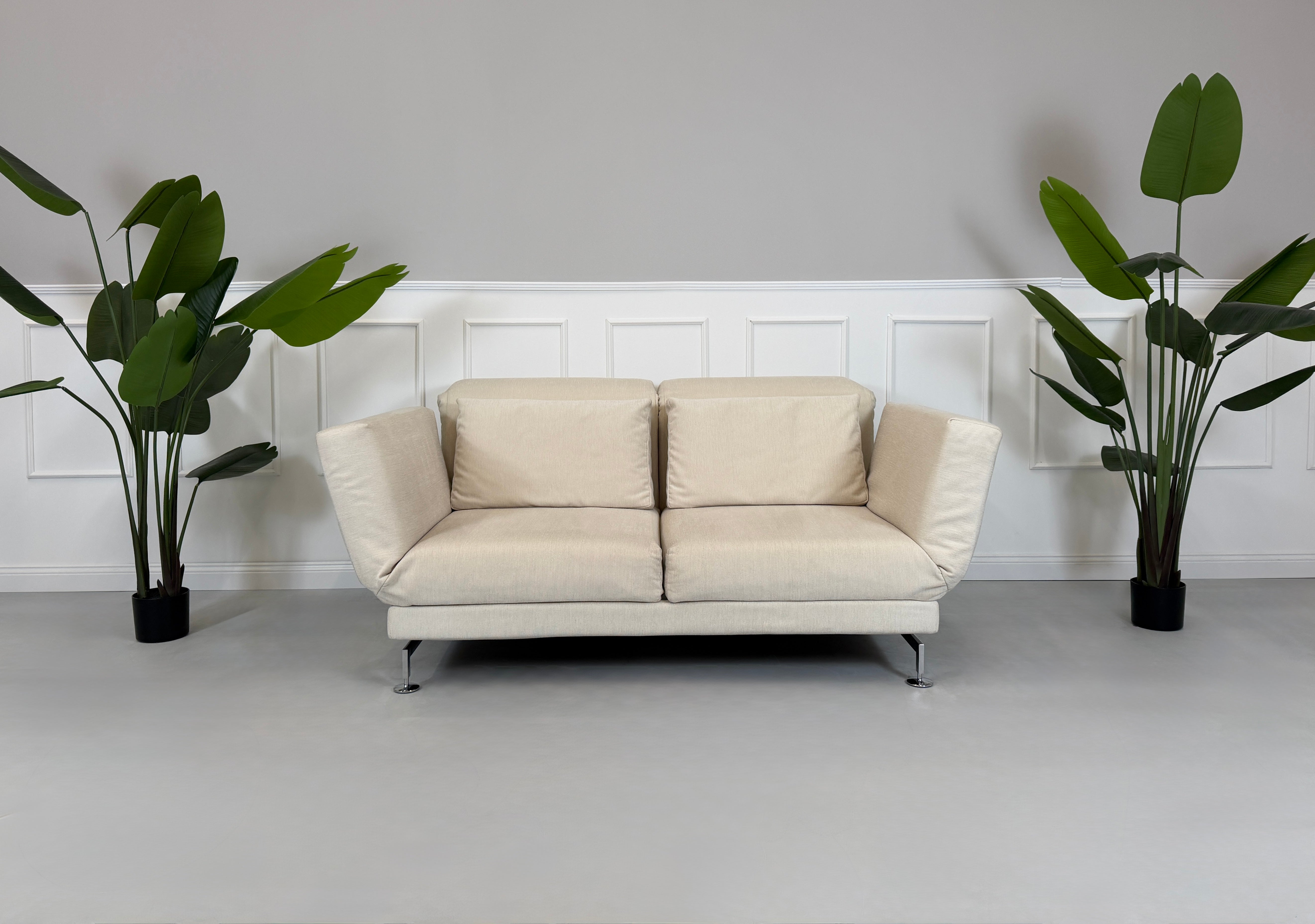 Gebrauchtes beiges Brühl Moule Designer Stoff Sofa vor einer Wand, stilvoll und modern eingerichtet.