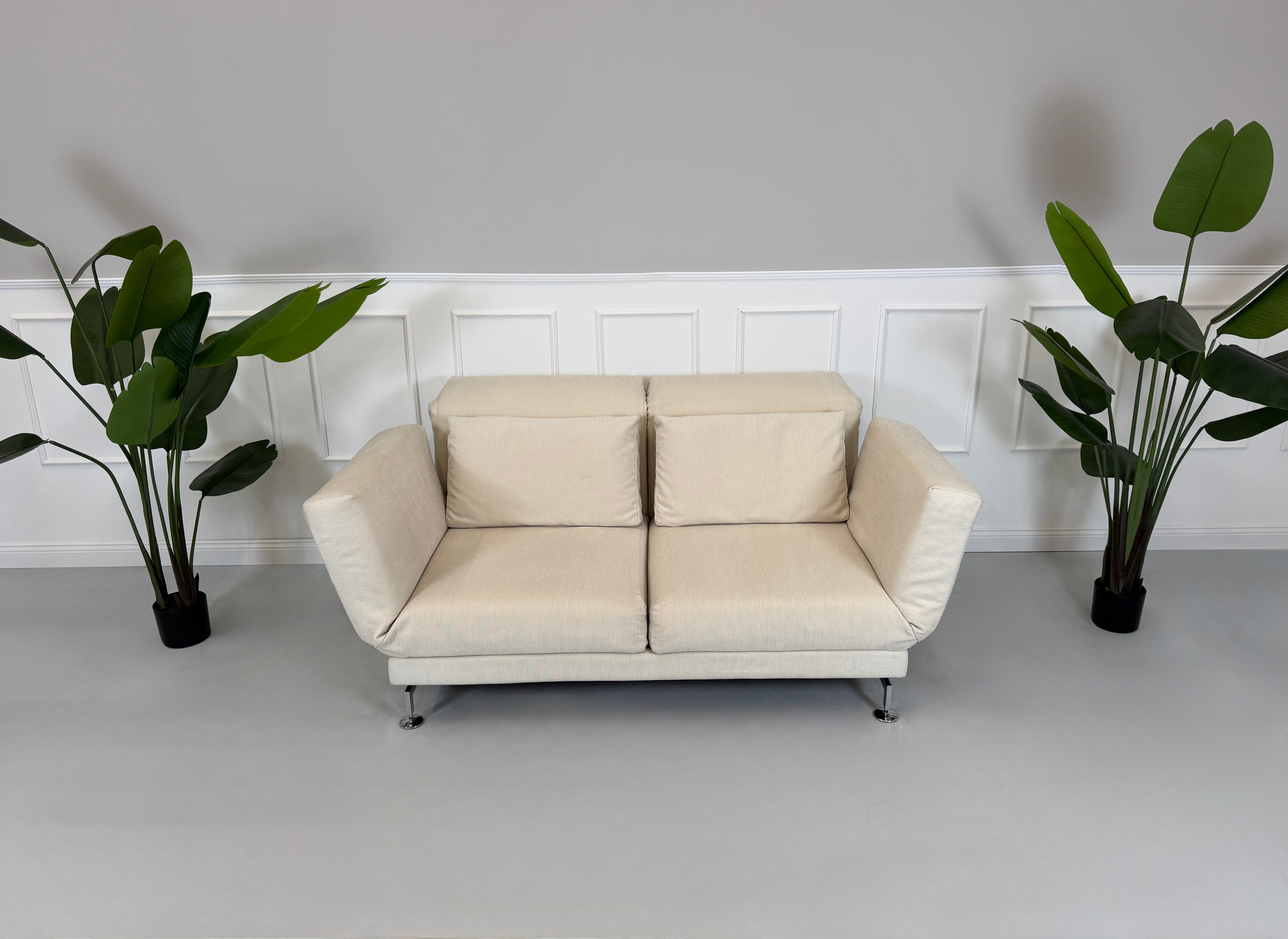 Gebrauchtes beiges Brühl Moule Designer Stoff Sofa vor einer Wand, stilvoll und modern eingerichtet.