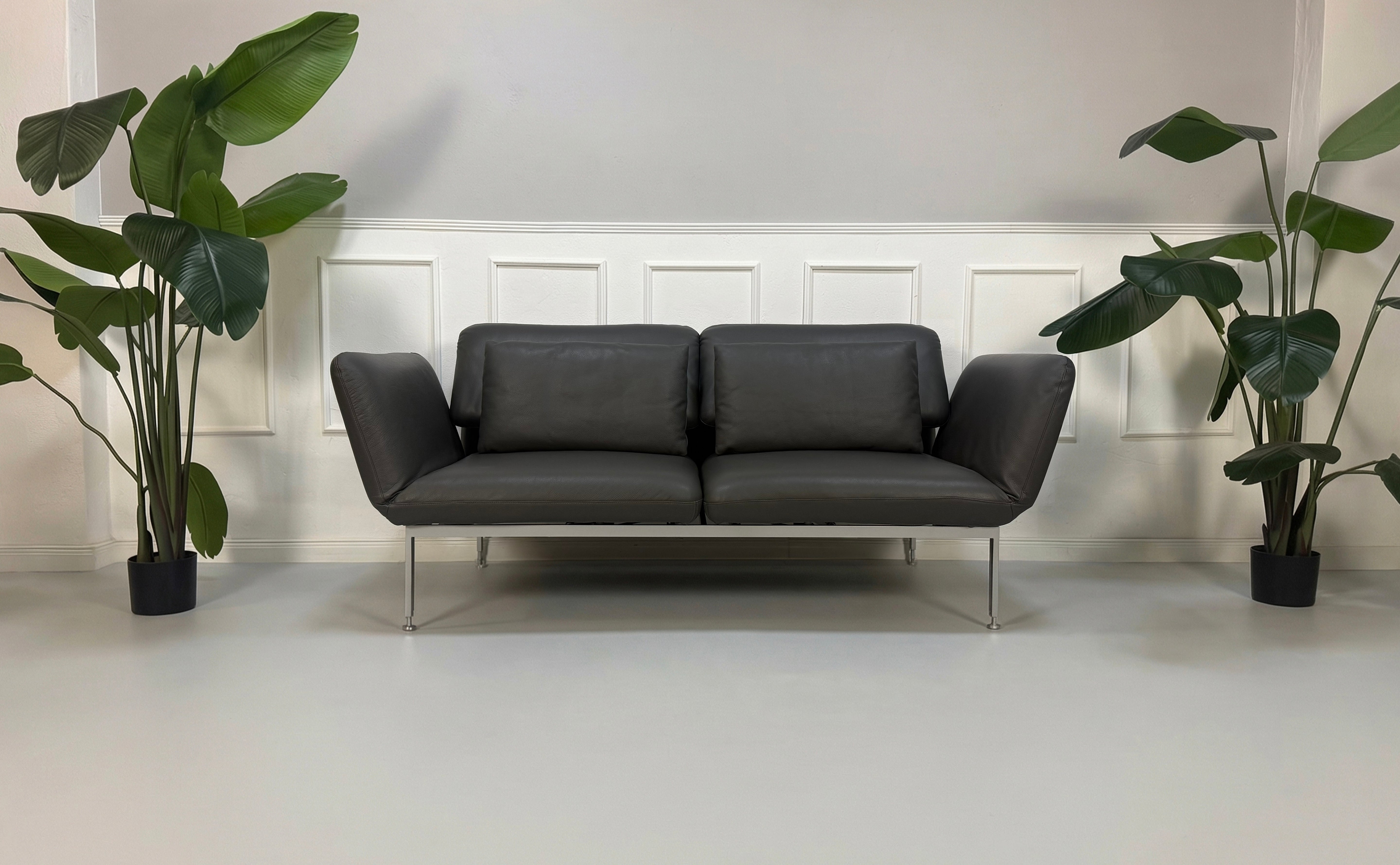 Gebrauchtes graues Brühl Roro Medium Designer Leder Sofa vor einer Wand, stilvoll und modern eingerichtet.