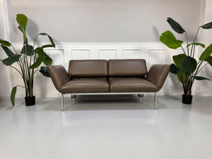 Gebrauchtes braunes Brühl Roro Designer Leder Sofa vor einer Wand, stilvoll und modern eingerichtet.