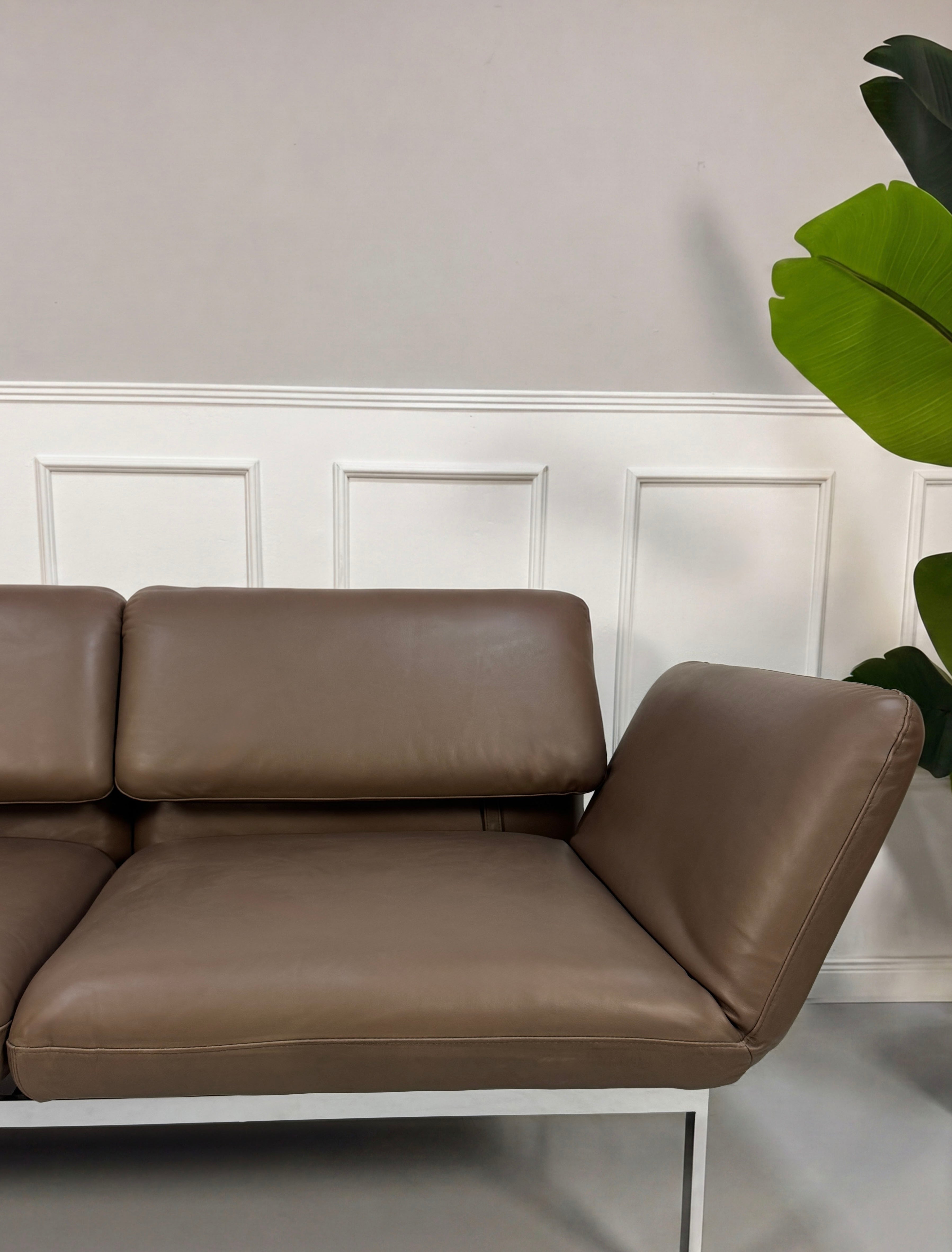 Gebrauchtes braunes Brühl Roro Designer Leder Sofa vor einer Wand, stilvoll und modern eingerichtet.