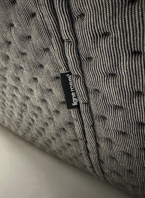 Refurbished graues Ligne Roset Ploum Designer Stoff Sofa vor einer Wand, stilvoll und modern eingerichtet.