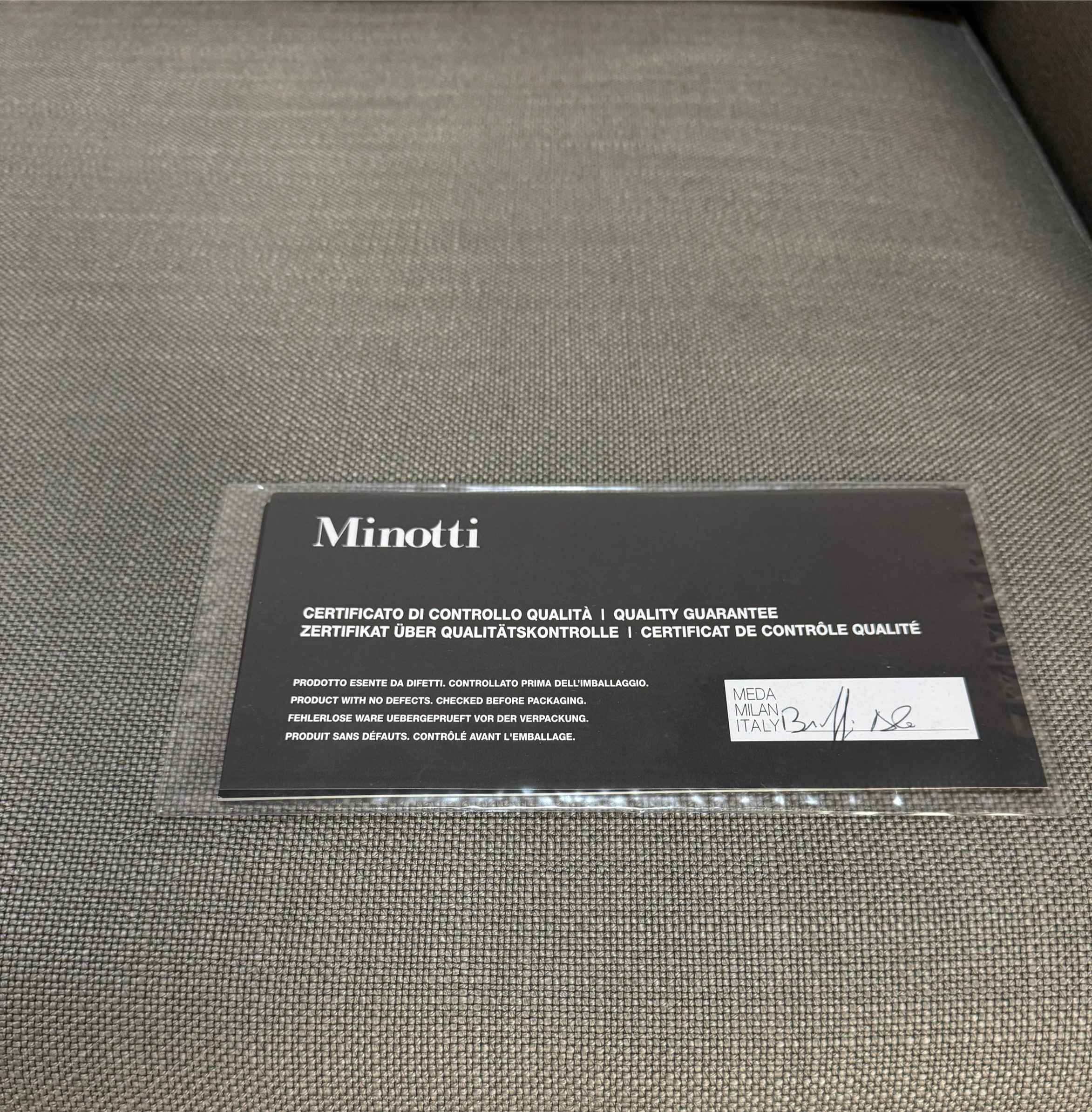 Gebrauchtes graues Minotti Hamilton Designer Stoff Sofa vor einer Wand, stilvoll und modern eingerichtet.